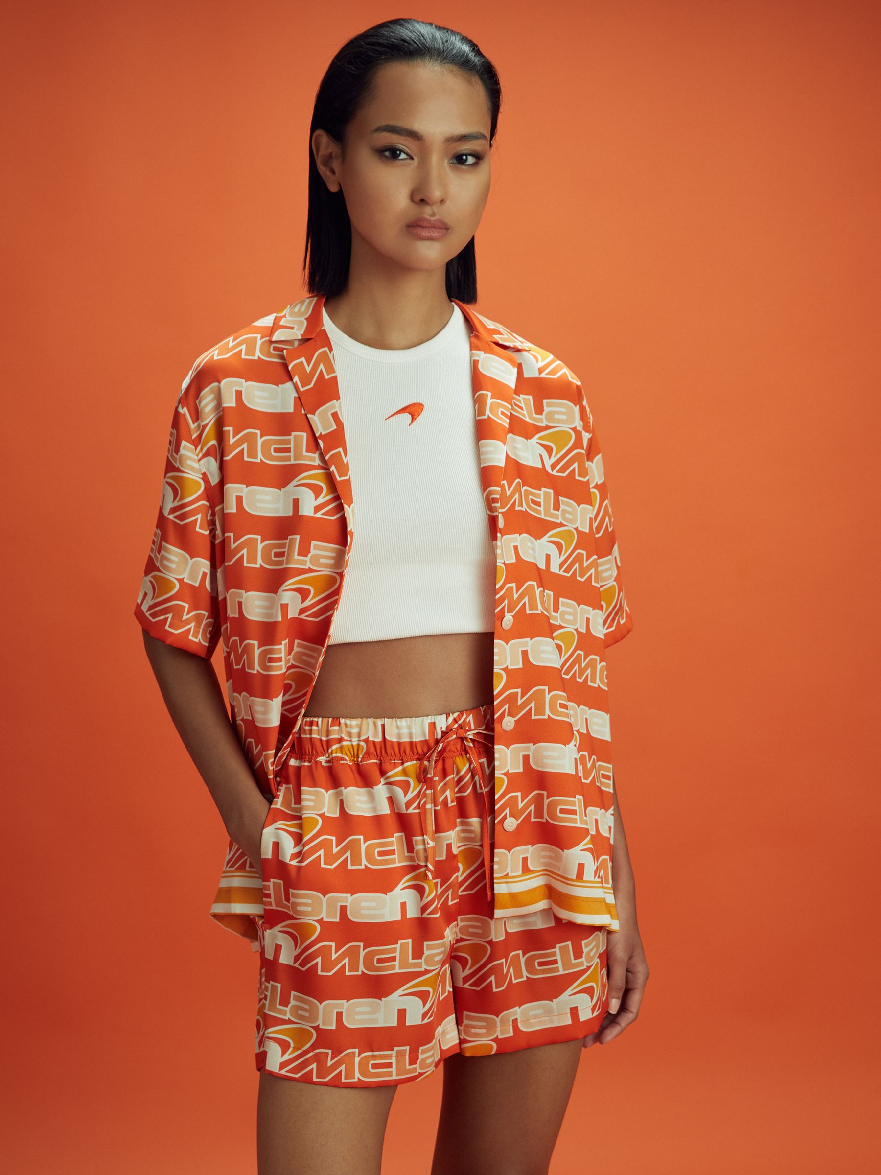 McLaren F1 Printed Cuban Collar Shirt in Papaya Multi