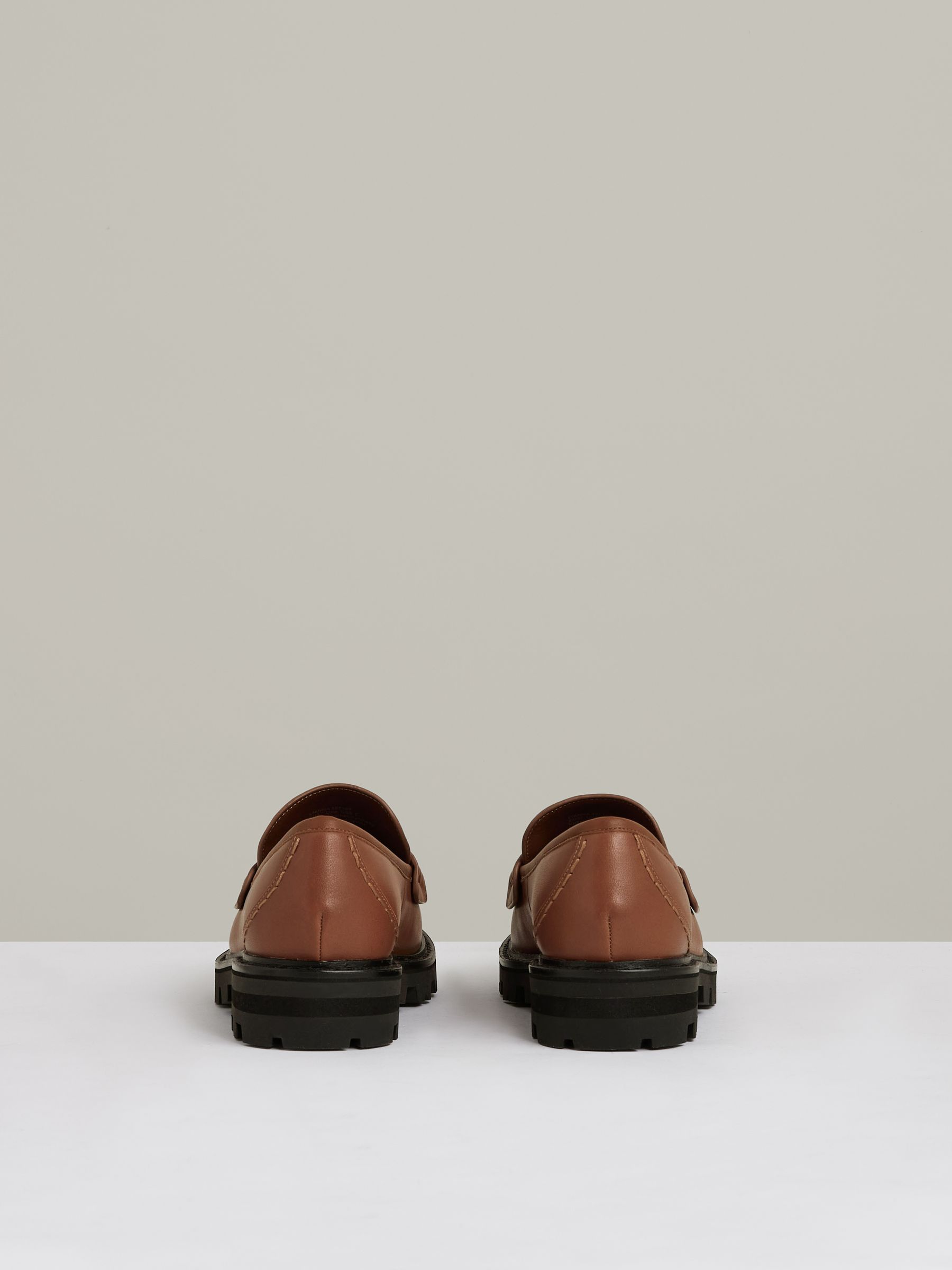Leather Fringed Chunky Penny Loafers in Tan