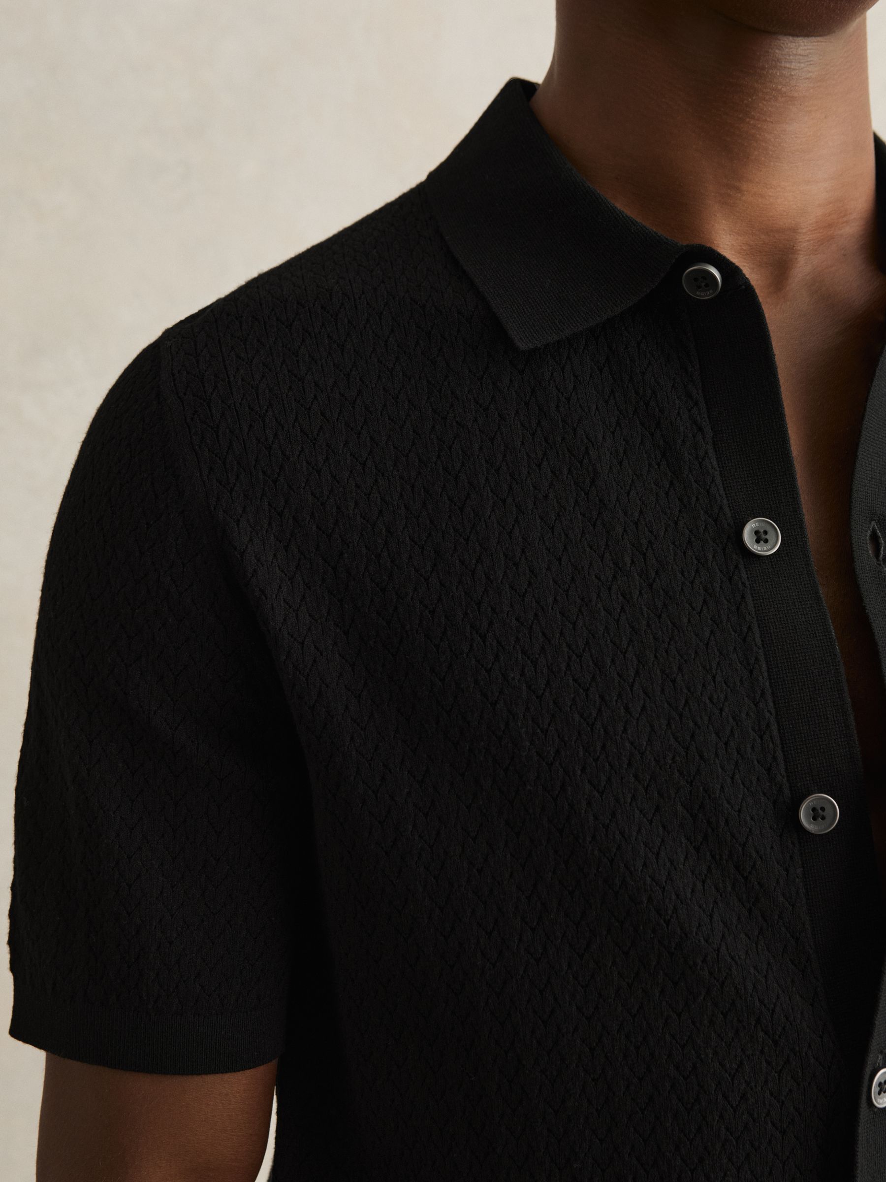 Textured Knit Button-Through Shirt in Black