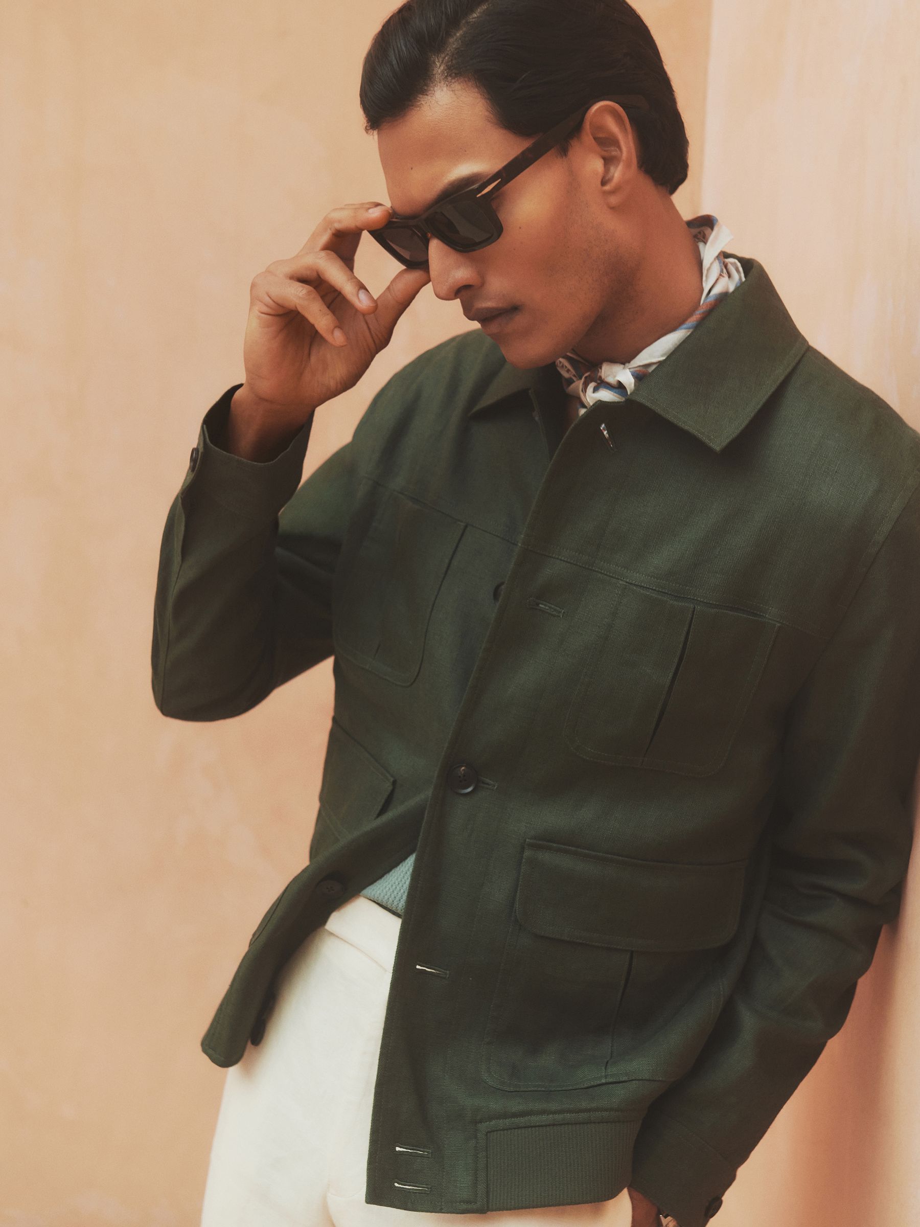 Linen Four-Pocket Jacket in Khaki Green