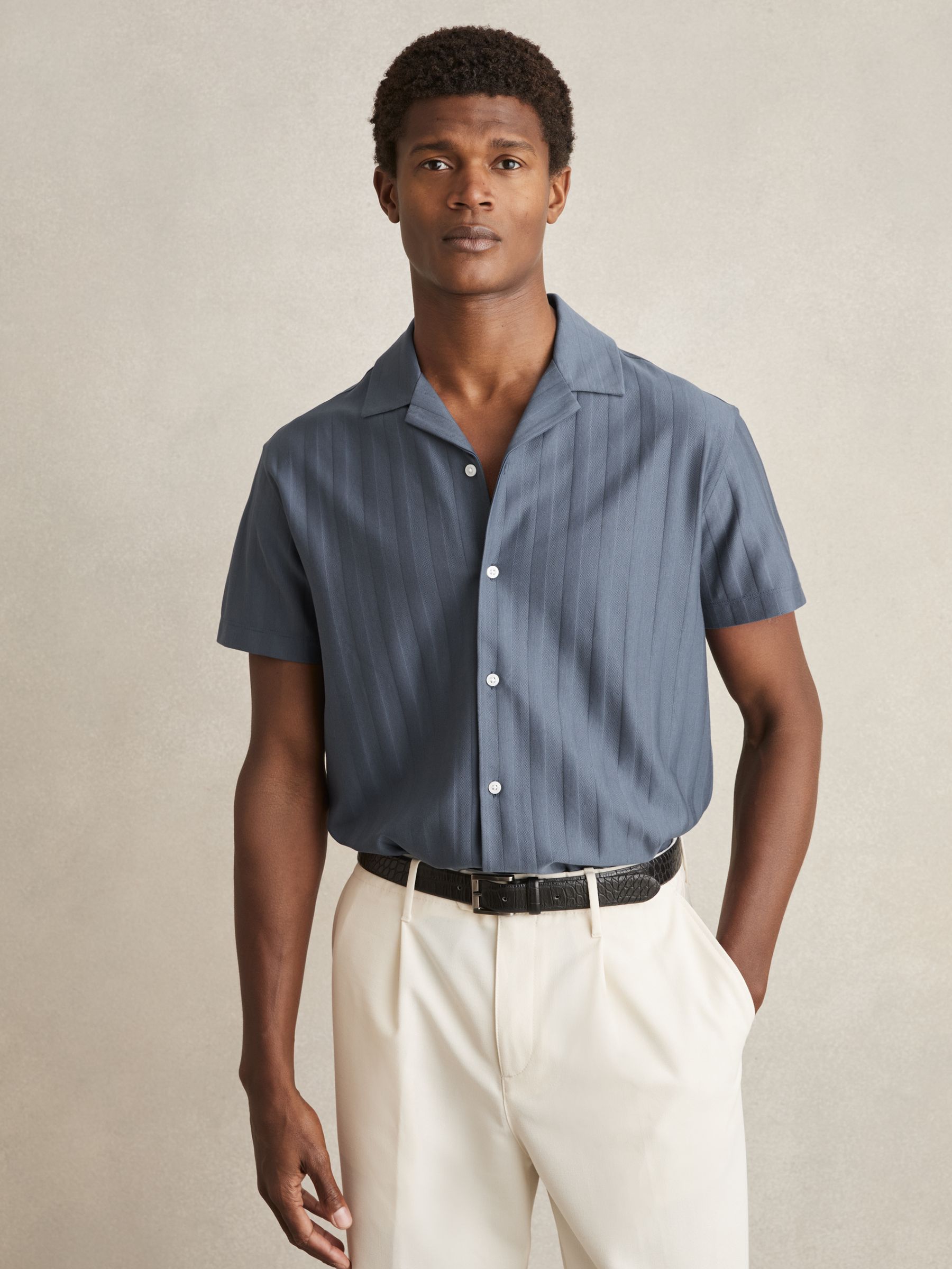 Cotton Textured Cuban-Collar Shirt in Airforce Blue