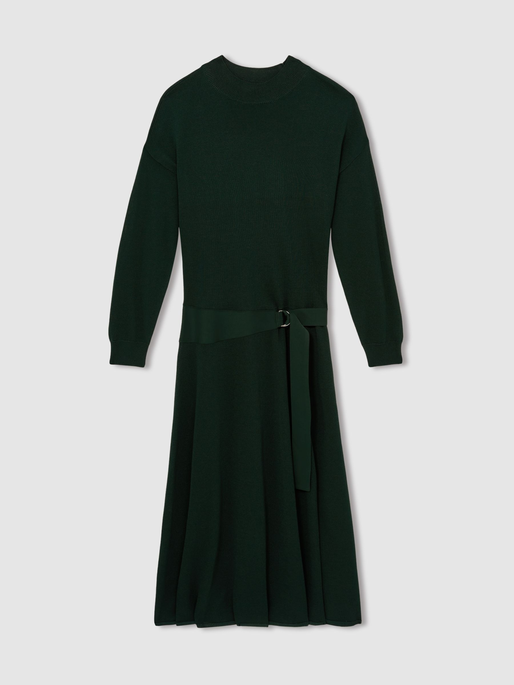 Petite Compact-Knit Belted Midi Dress in Dark Green