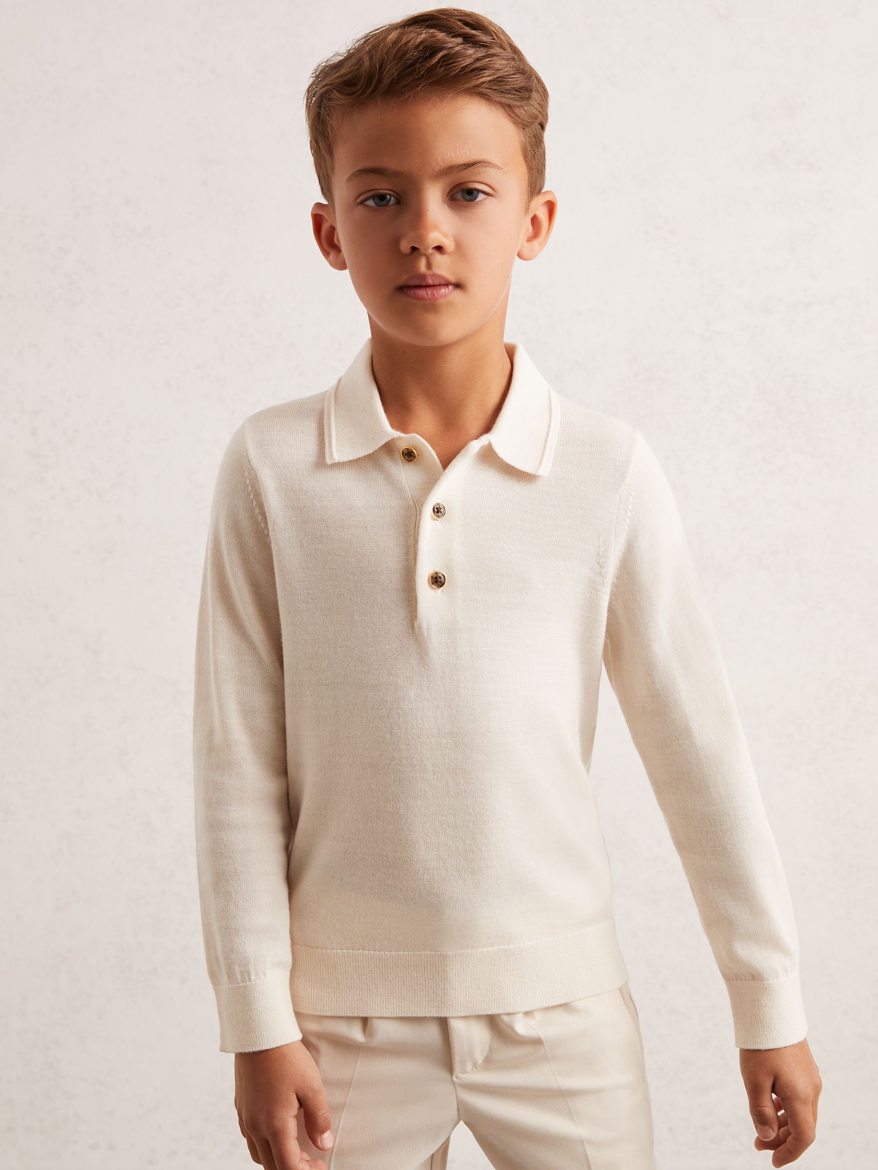 9-13 yrs Merino Wool Long-Sleeve Polo Shirt in Snow