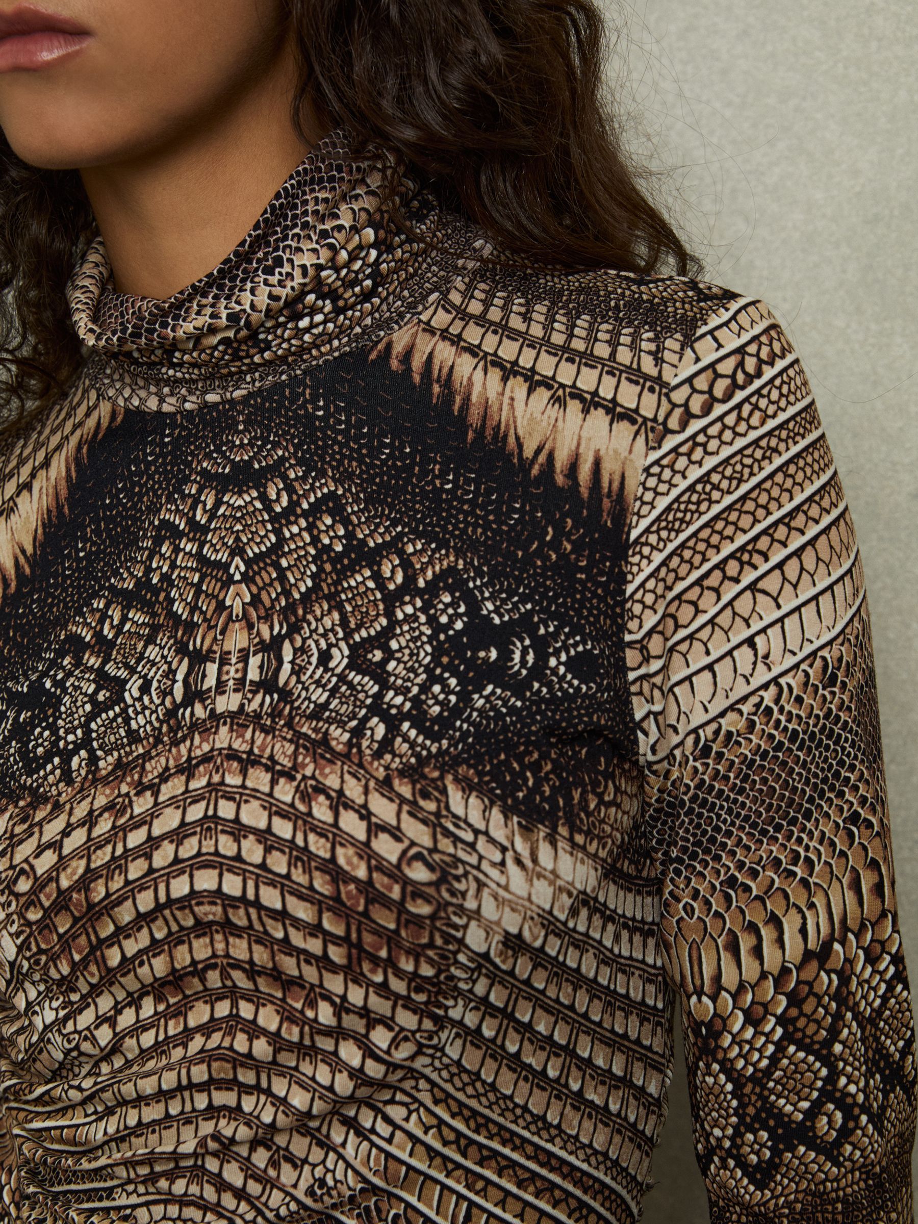 Snake-Print Roll-Neck Top in Brown