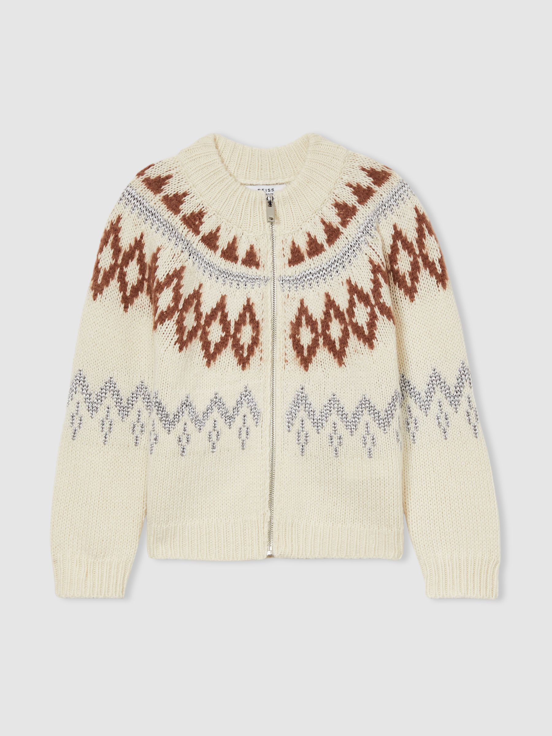 9-13 yrs Zipped Fair-Isle Cardigan with Wool and Cashmere in Cream
