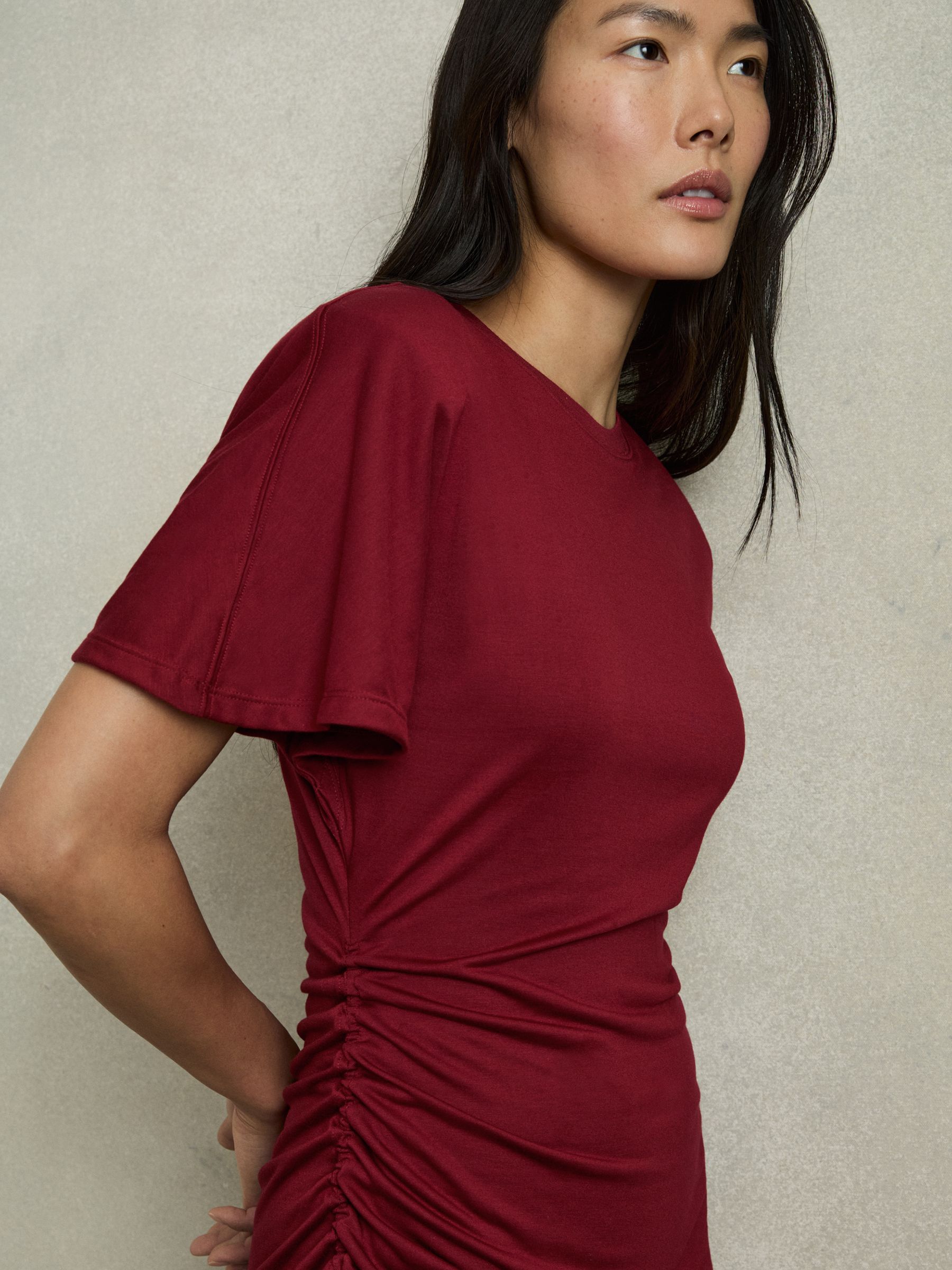 Modal-Blend Ruched Midi Dress in Red