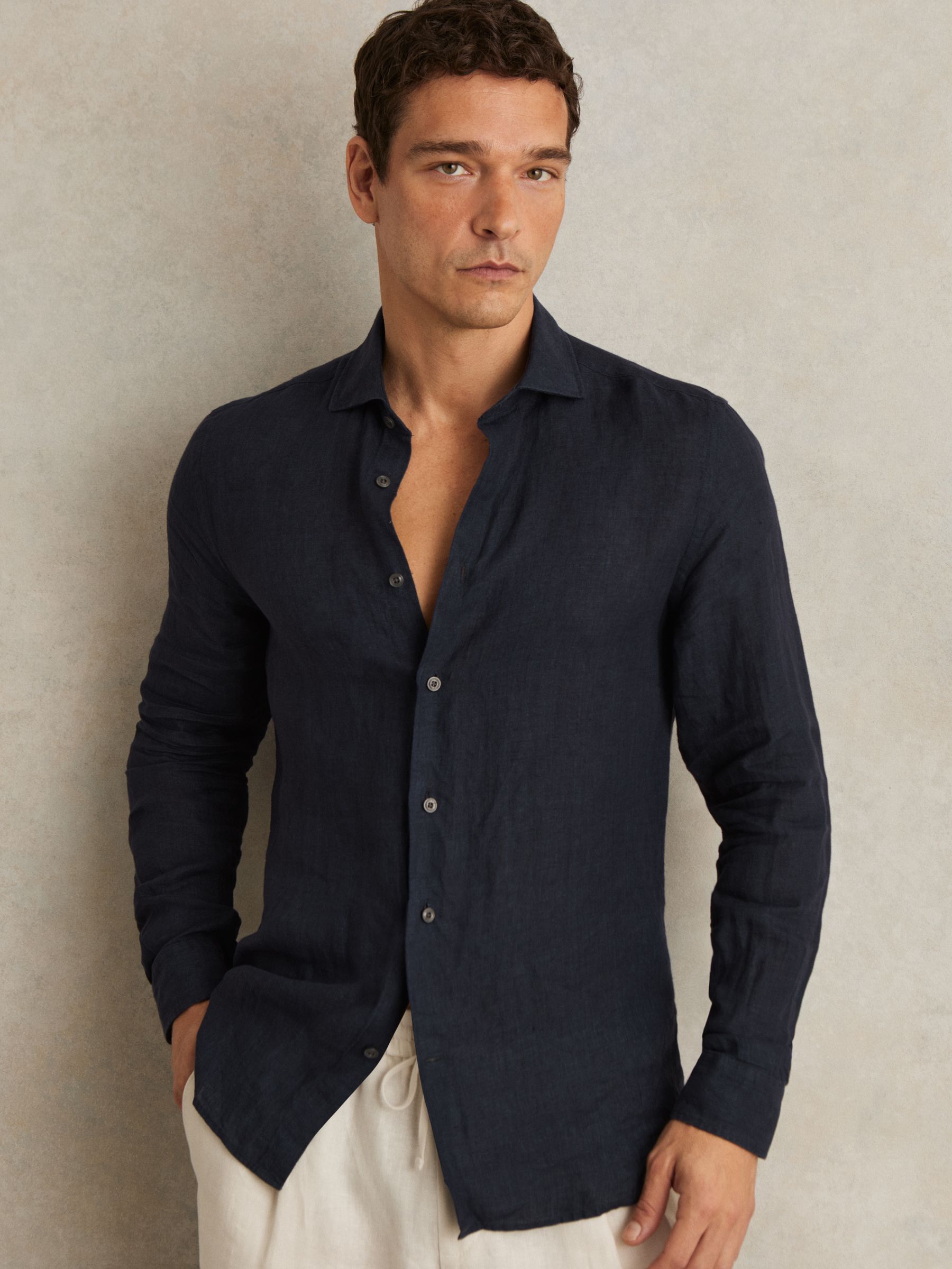 Linen Button-Through Shirt in Navy