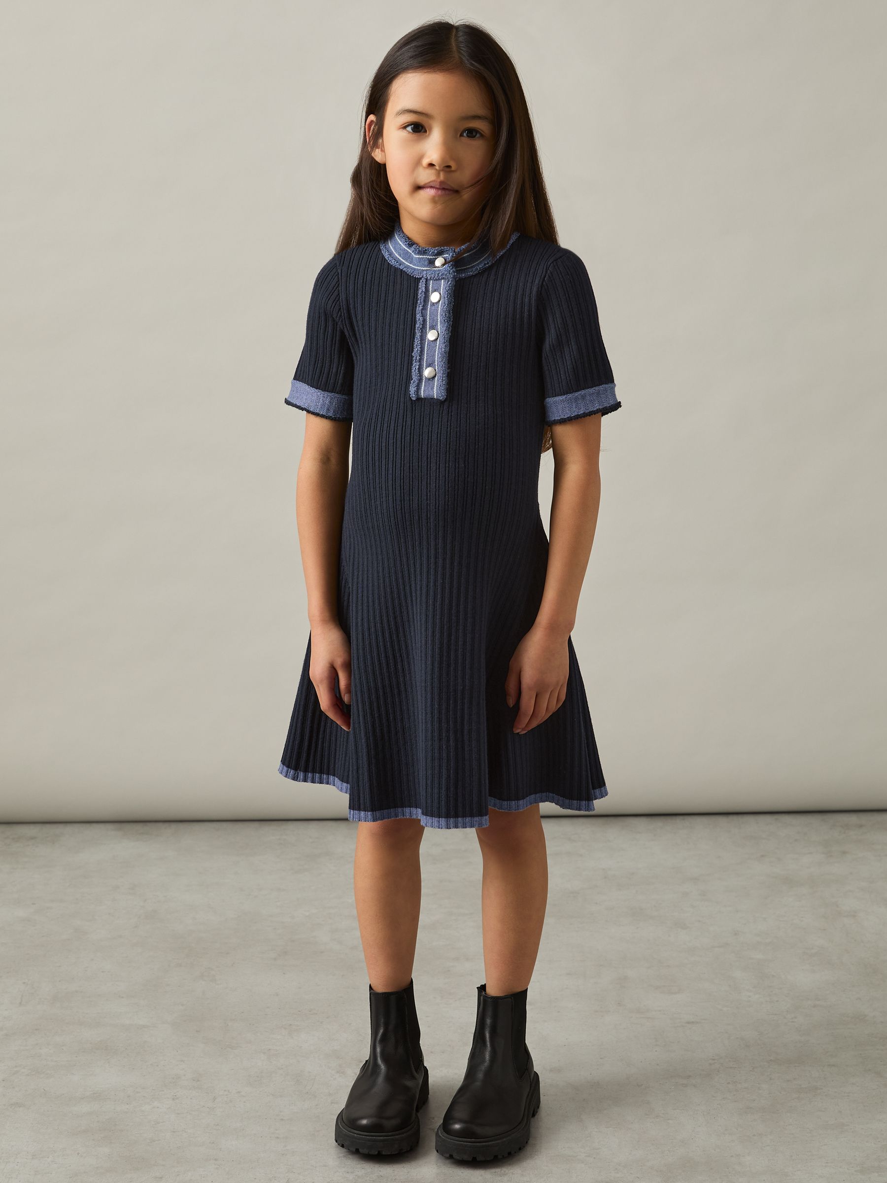 9-13 yrs Contrast-Trim Rib-Knit Dress in Navy