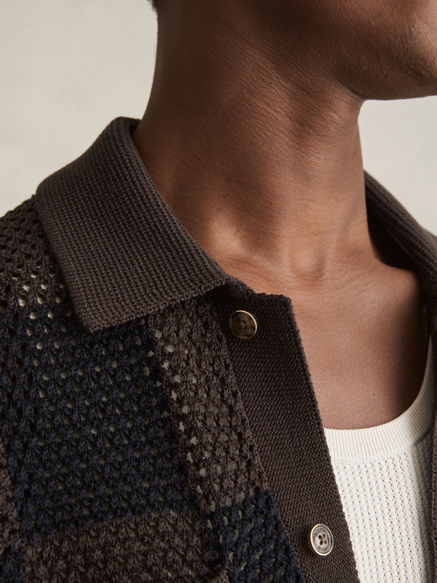 Cotton Chequerboard Crochet Shirt in Chocolate/Navy