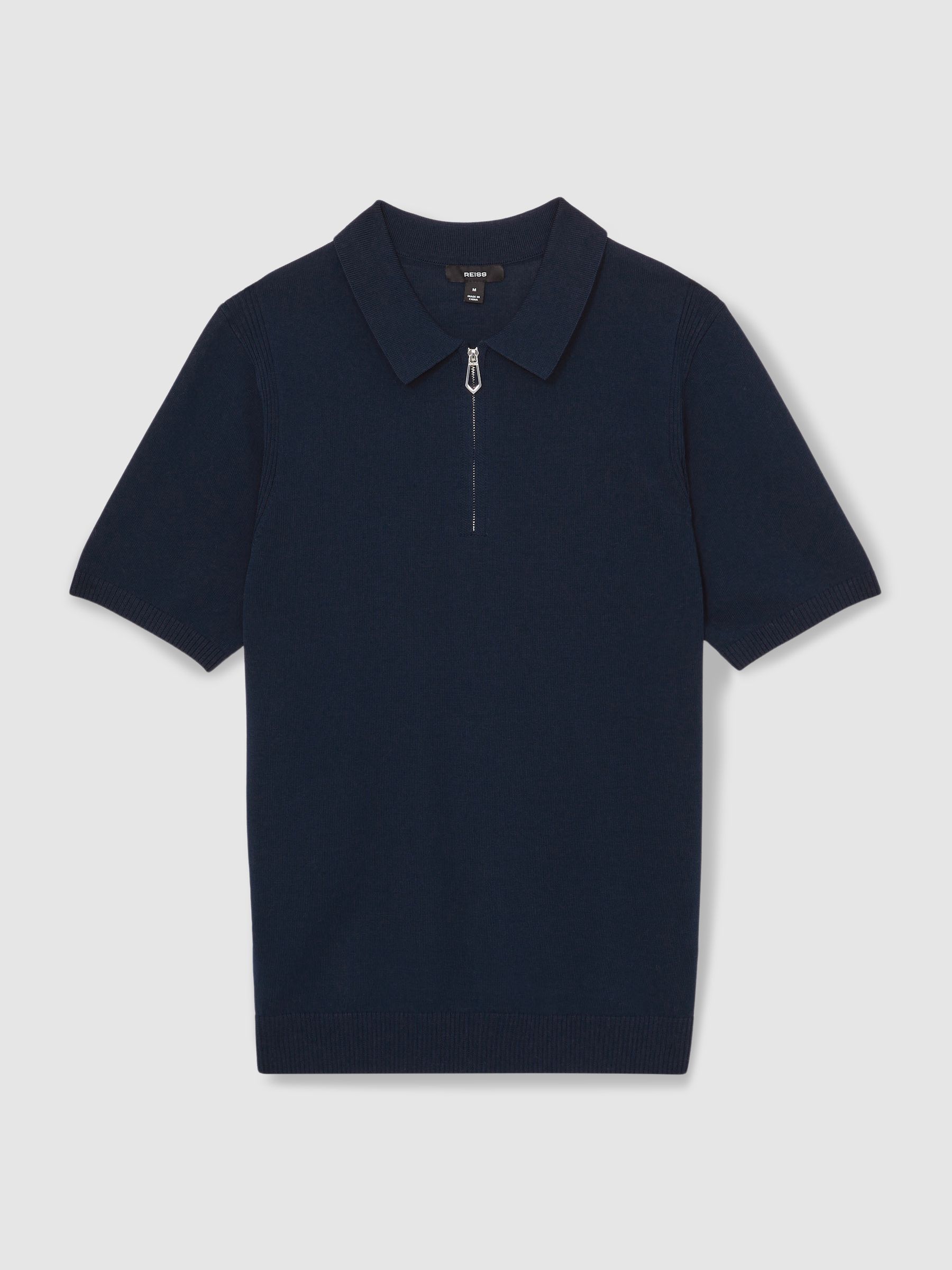 Cotton Half-Zip Knitted Polo Shirt in Navy