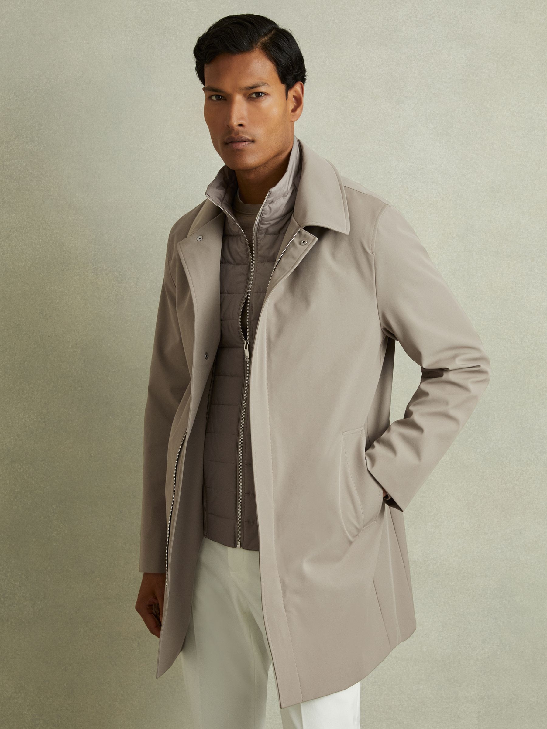 Hybrid Removable Funnel Neck Overcoat in Taupe