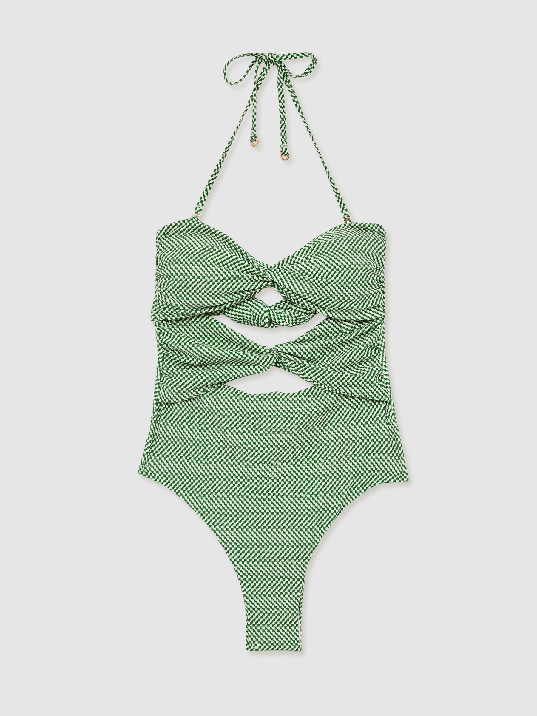 Chequered Print Cut Out Swimsuit in Green/White