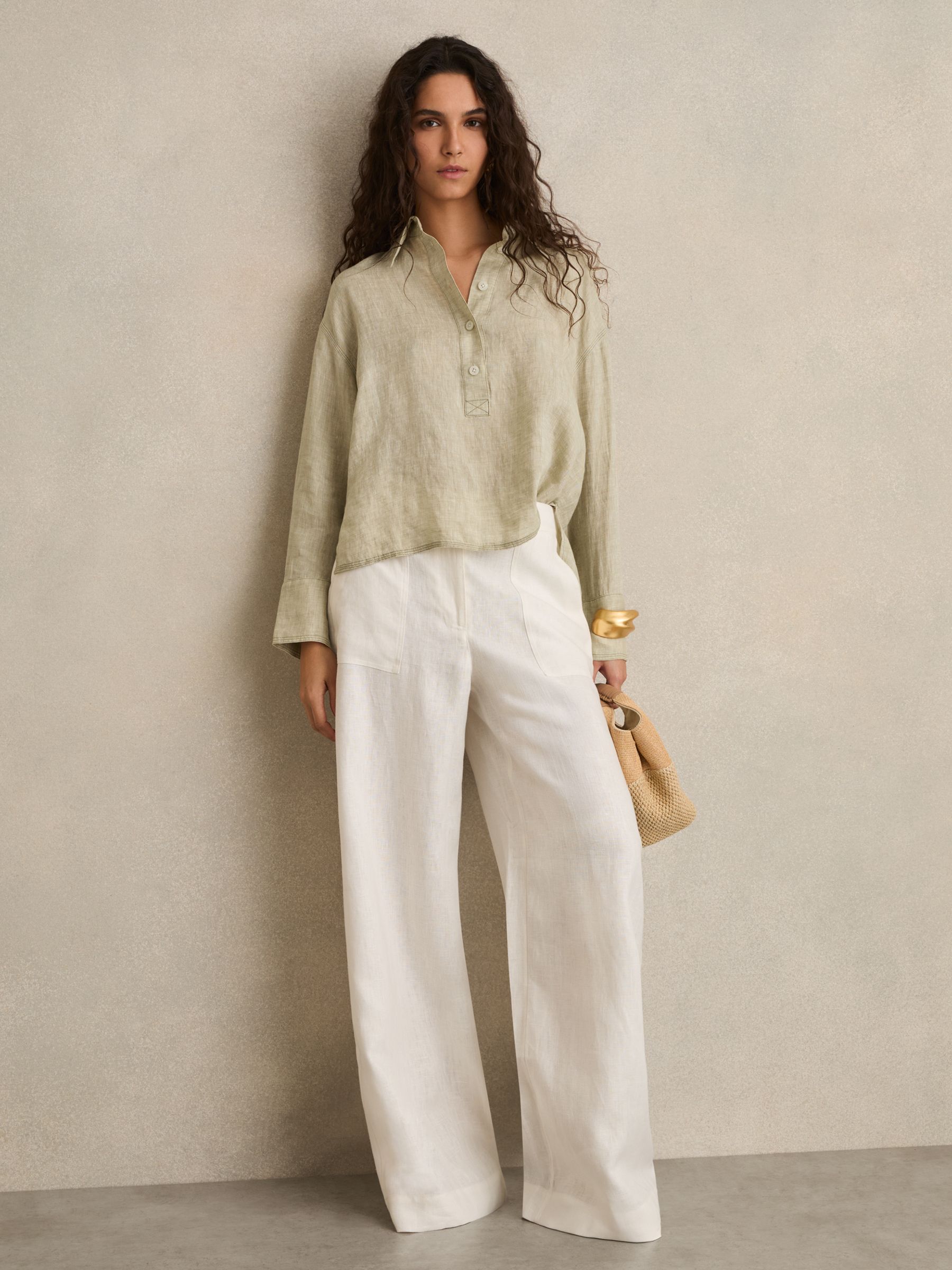 Linen Overhead Open-Collar Shirt in Sage