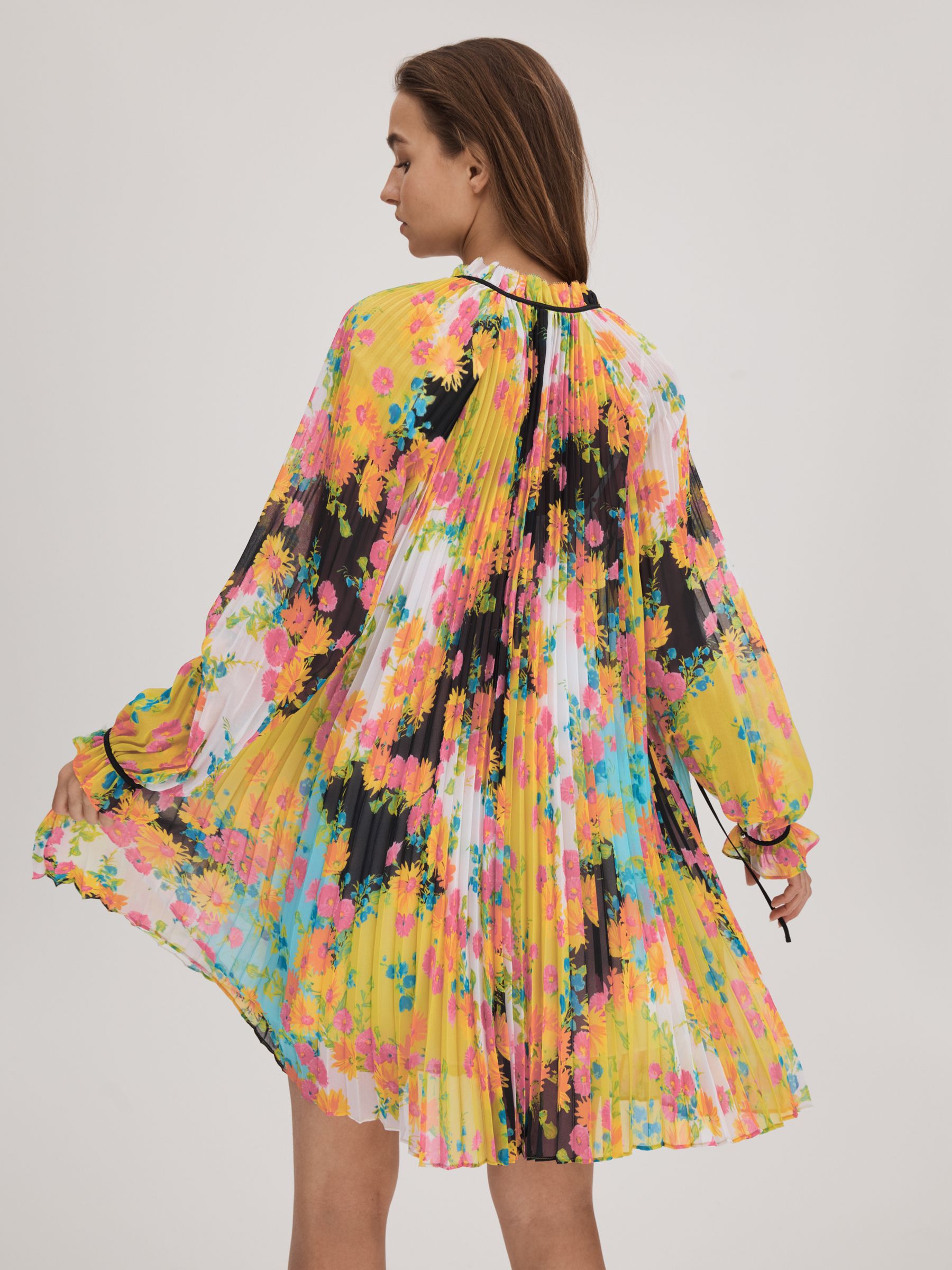 Florere Pleated Tie Neck Mini Dress in Multi