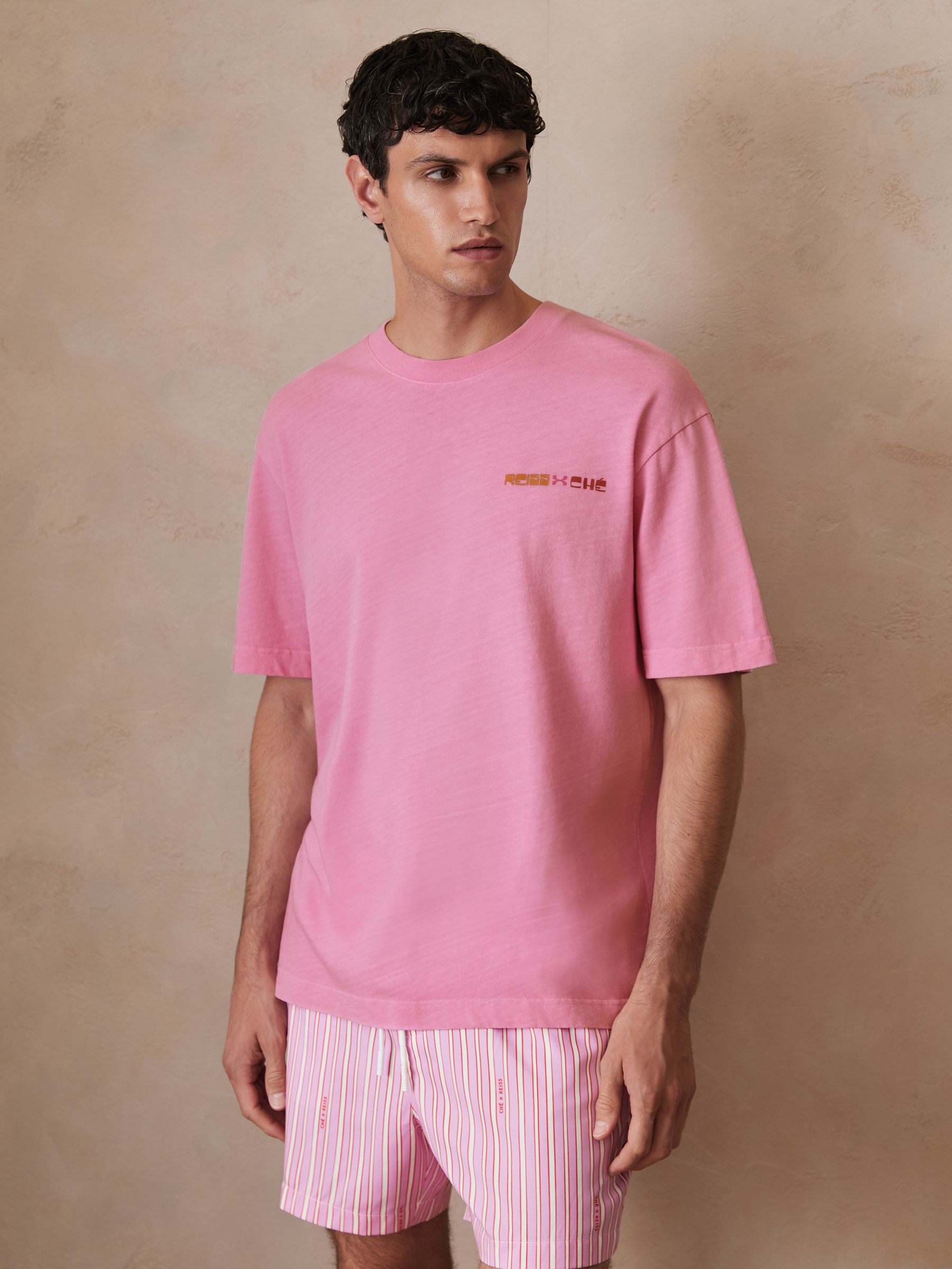 Reiss | Ché Cotton-Linen Sunset T-Shirt in Pink