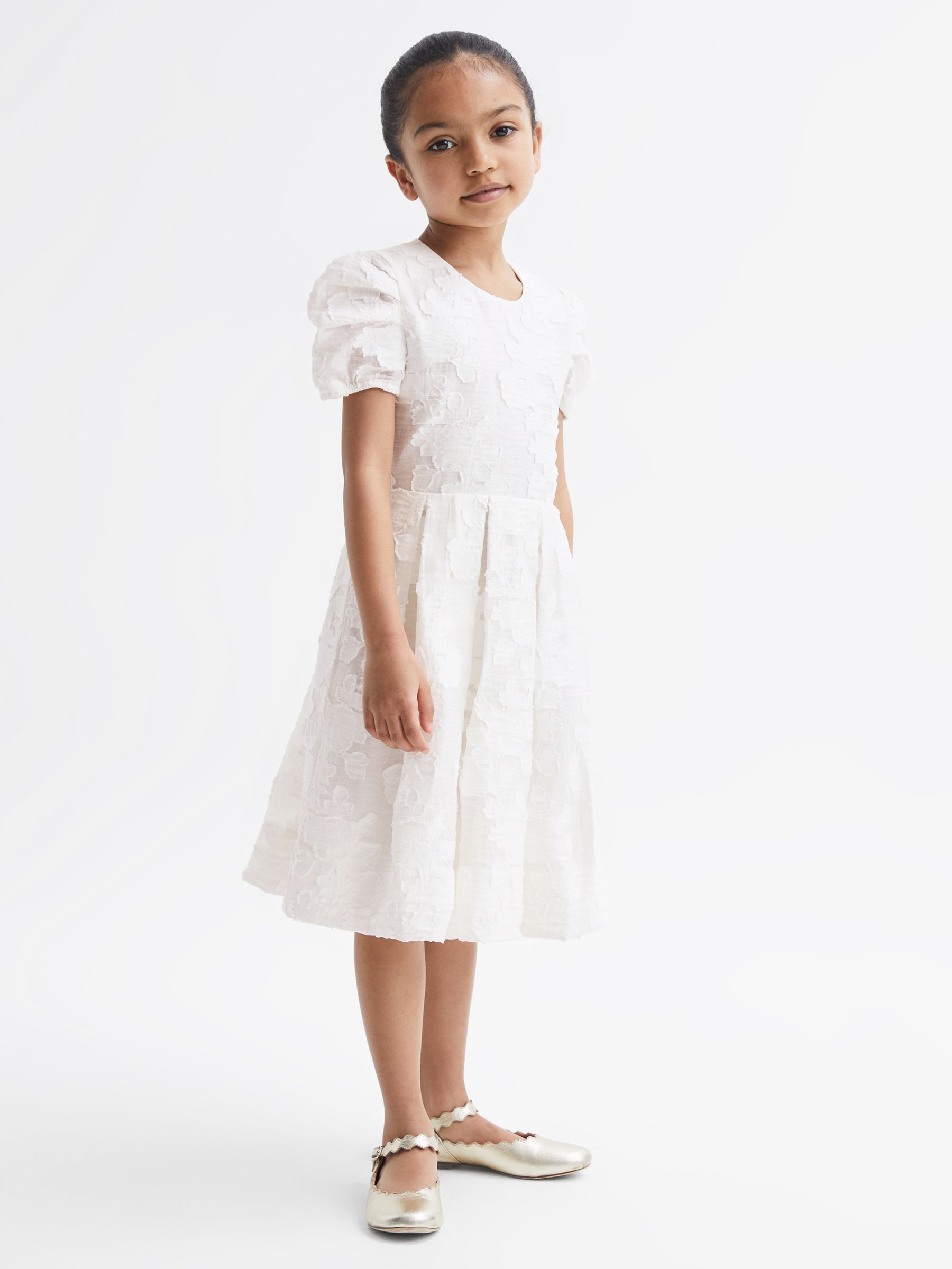 9-12 yrs Floral Print Textured Dress in Ivory