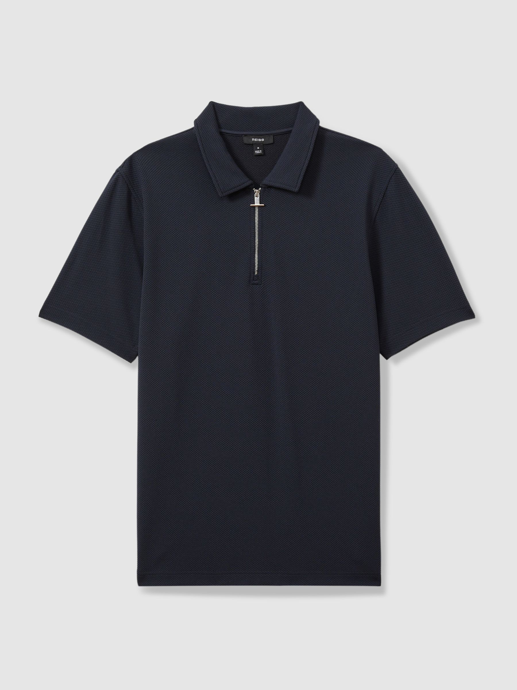 Textured Zip-Neck Polo Shirt in Navy