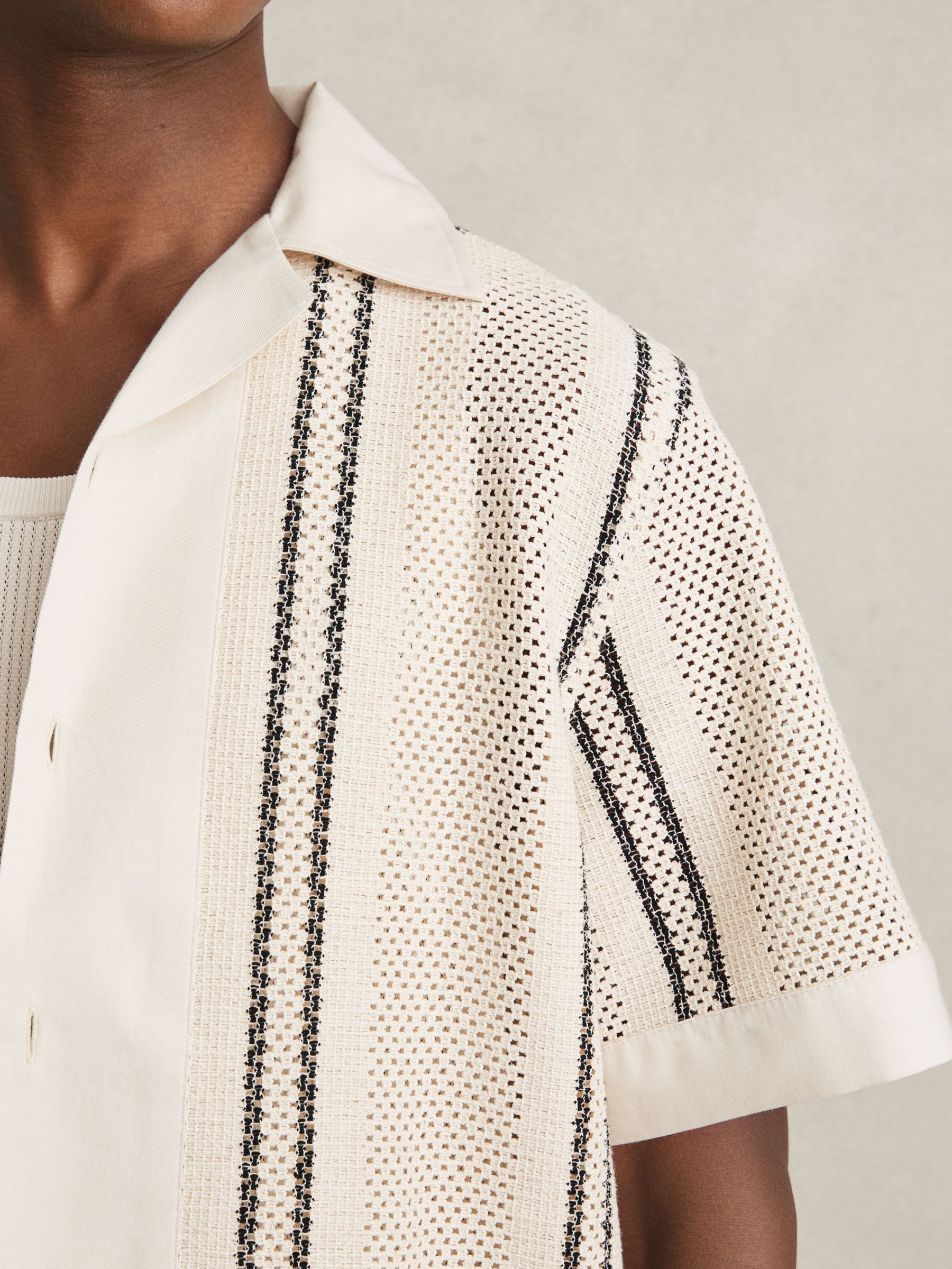 Crochet Stripe Cuban-Collar Shirt in Off White/Navy