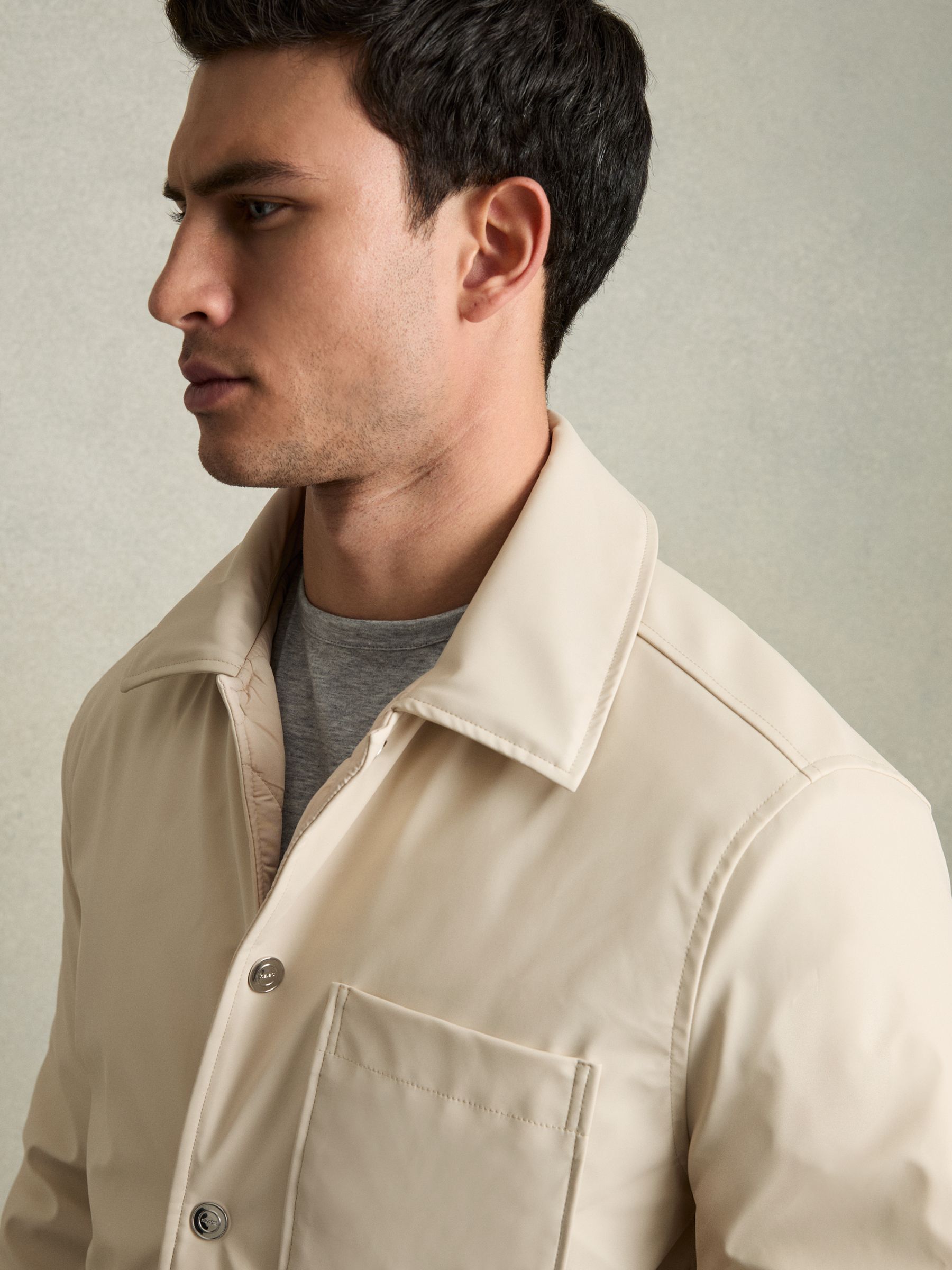 Padded Technical Press-Stud Overshirt in Stone