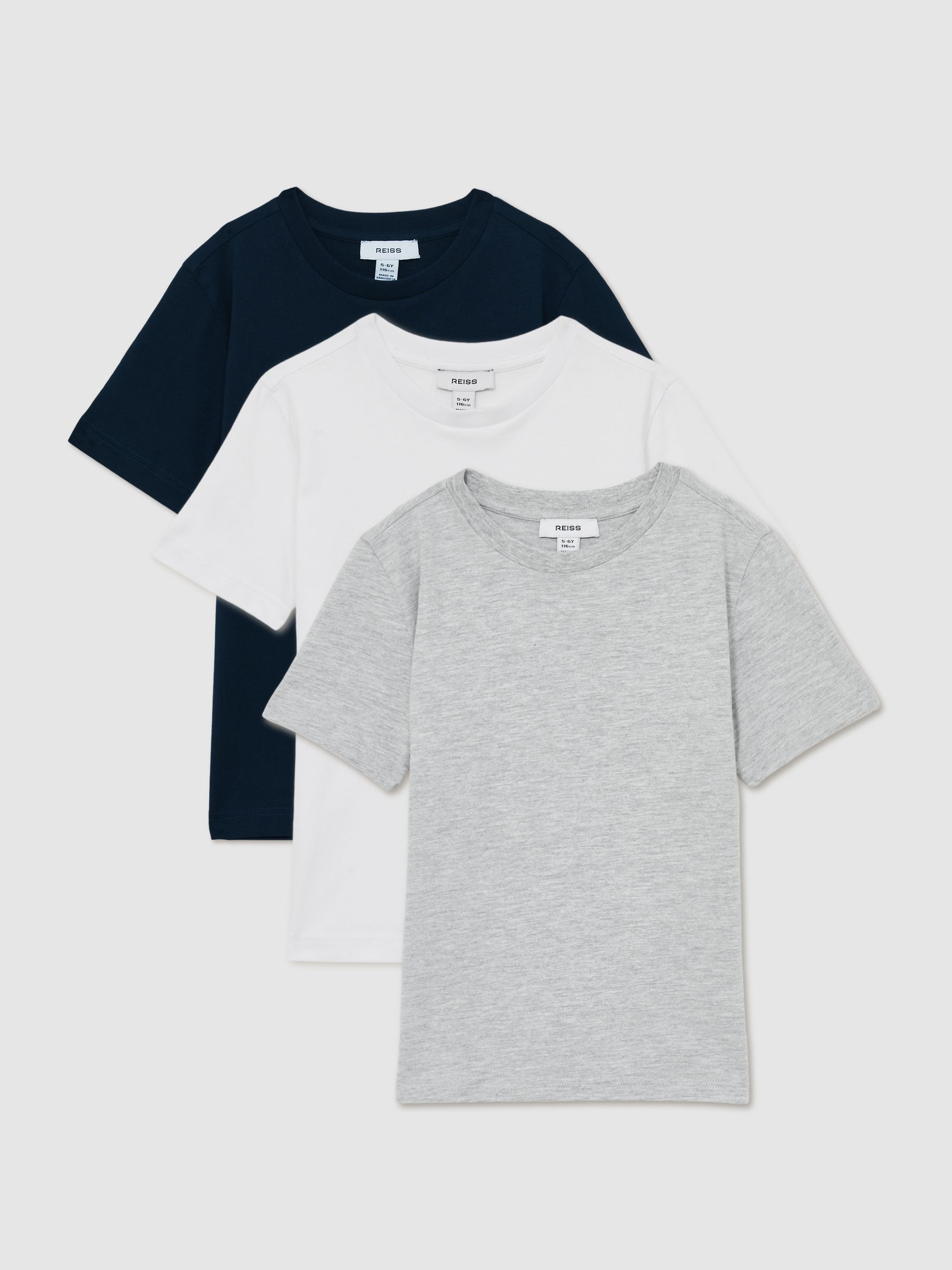 9-13 yrs Cotton Crew-Neck T-Shirts 3 Pack in White/Navy/Soft Grey