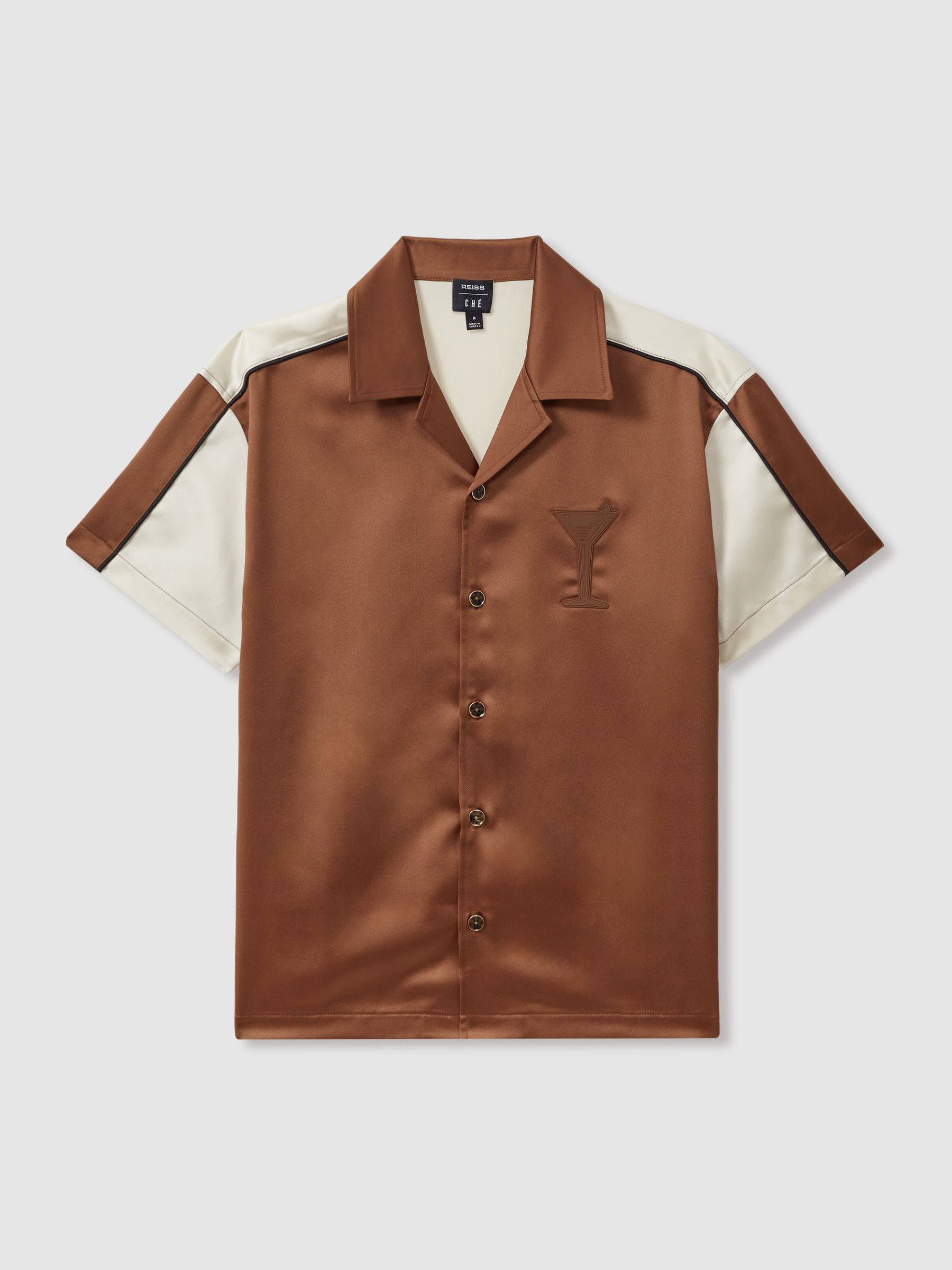 Noto Tobacco/Ecru Ché Satin Effect Colourblock Cuban Collar Shirt