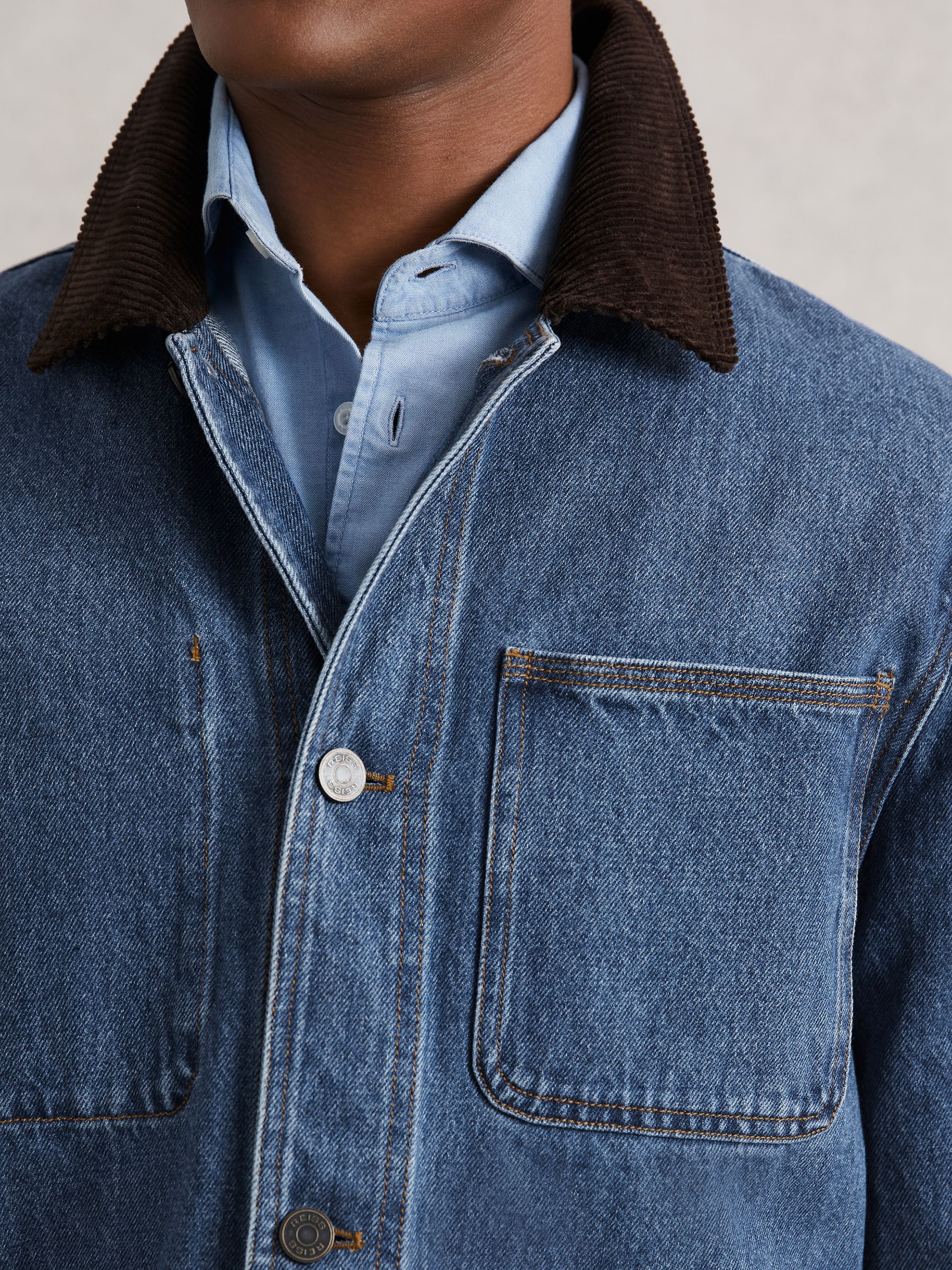 Corduroy Collar Denim Worker Jacket in Denim Blue
