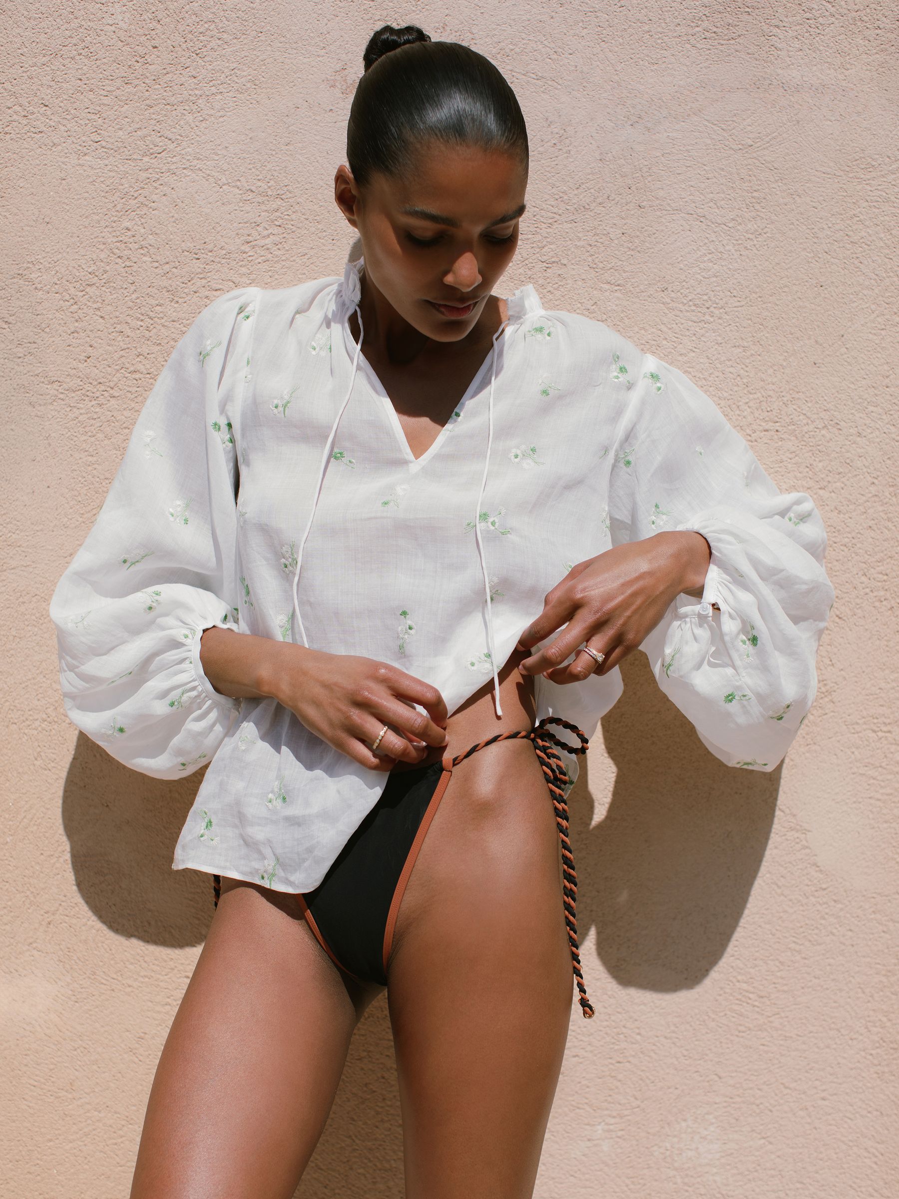 Twist-Strap Tie-Side Bikini Bottoms in Black/Brown