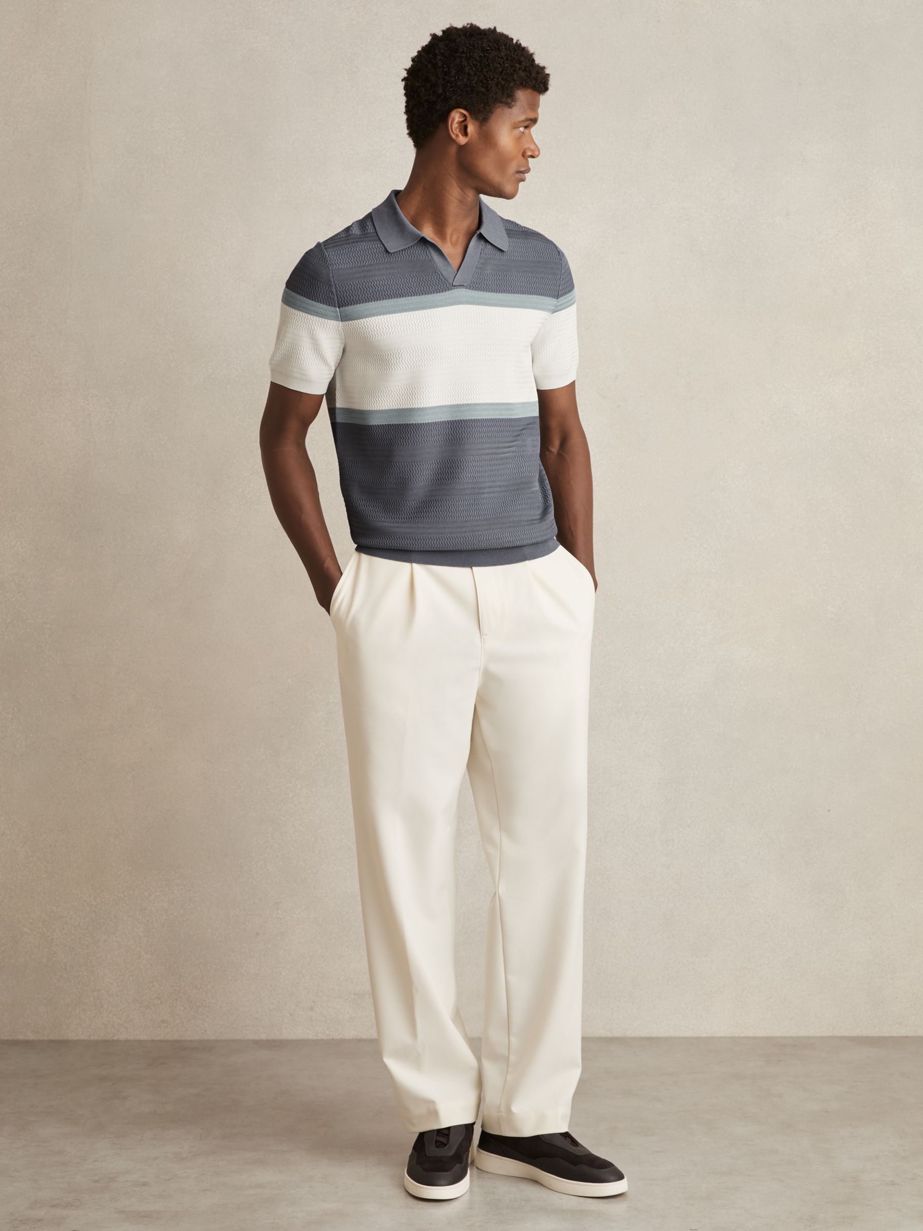 Textured Knit Stripe Polo Shirt in Airforce Blue