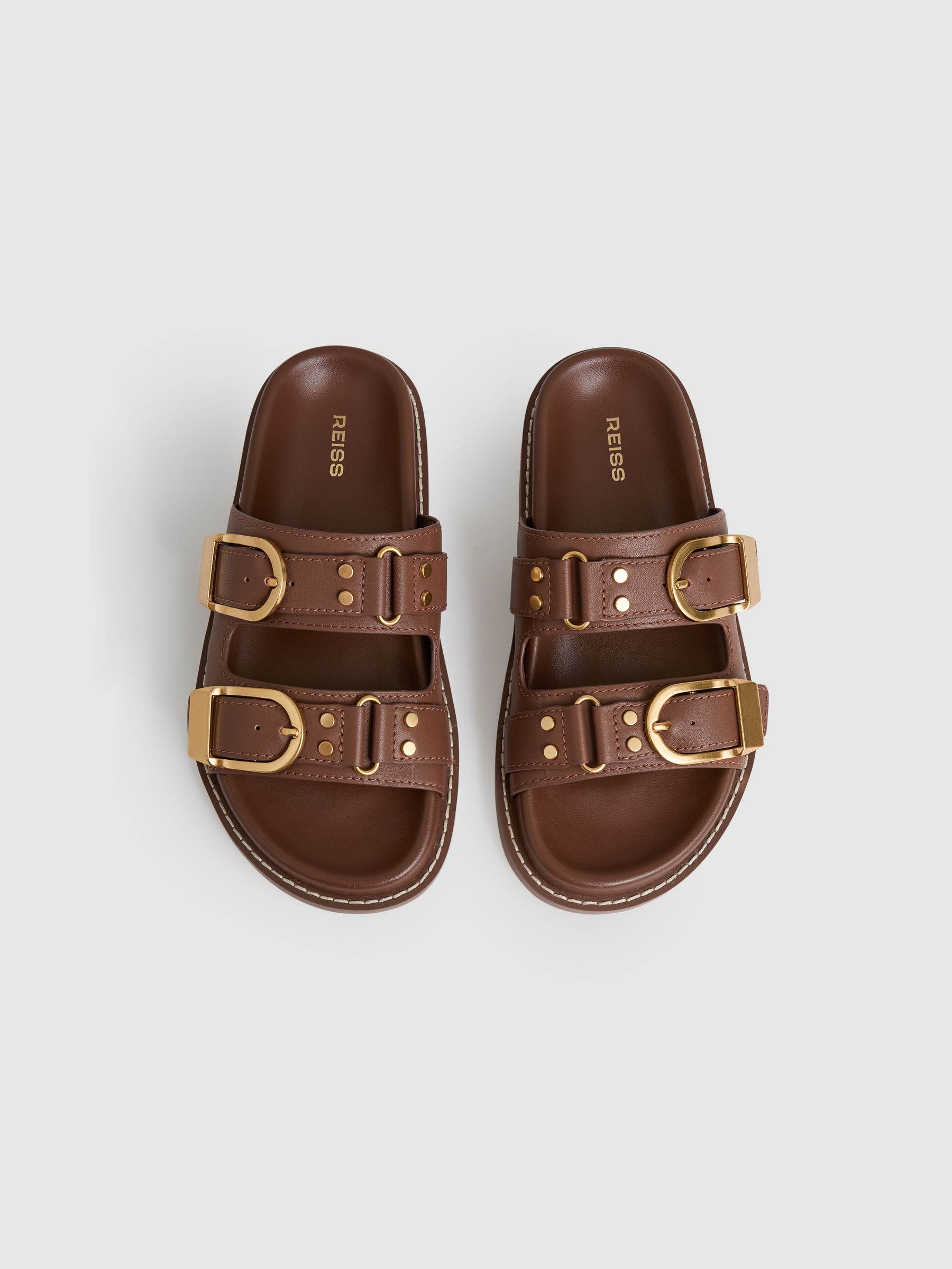 Leather Buckled Slip-On Sandals in Tan