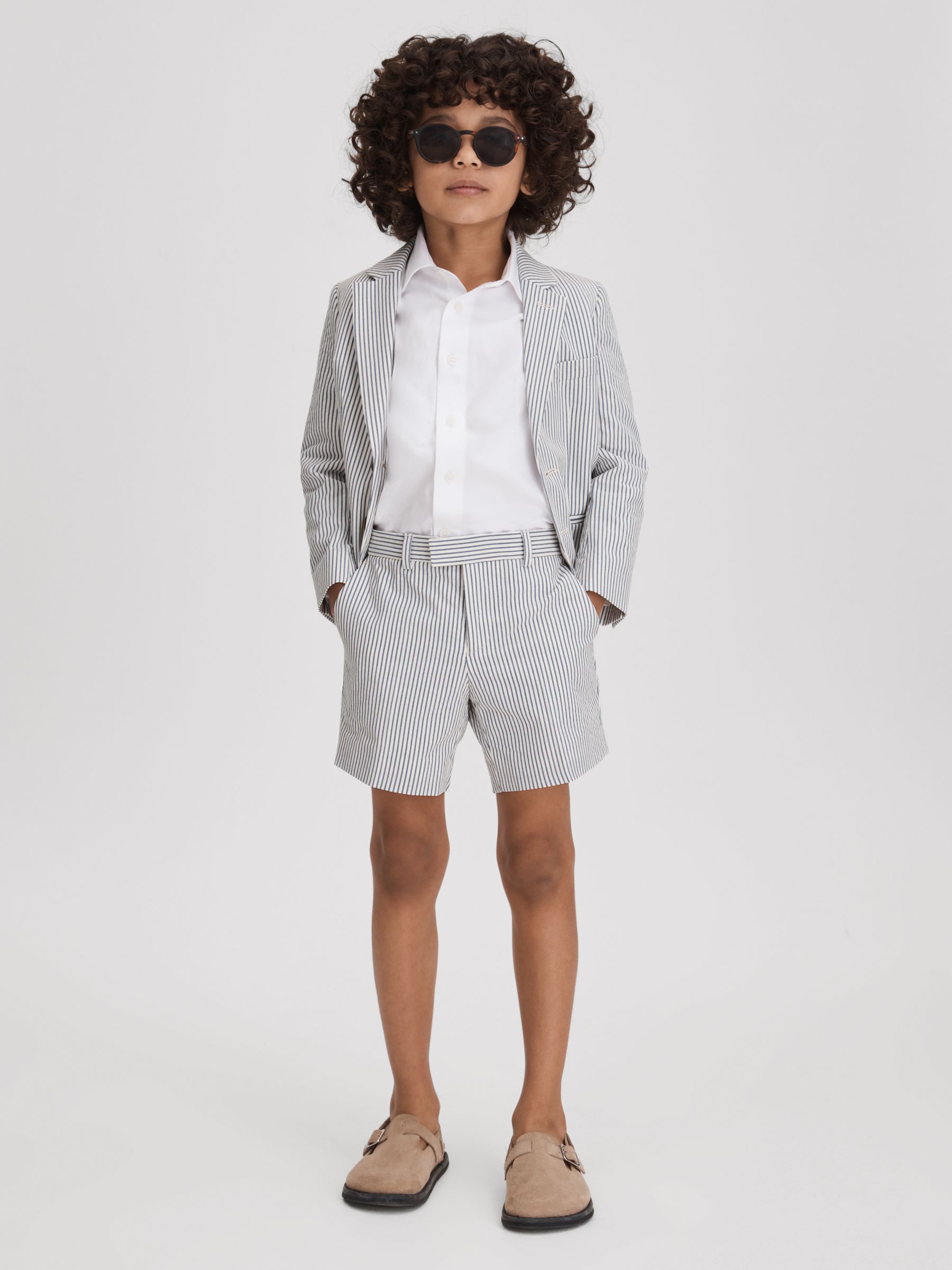 9-13 yrs Single Breasted Seersucker Blazer in Soft Blue