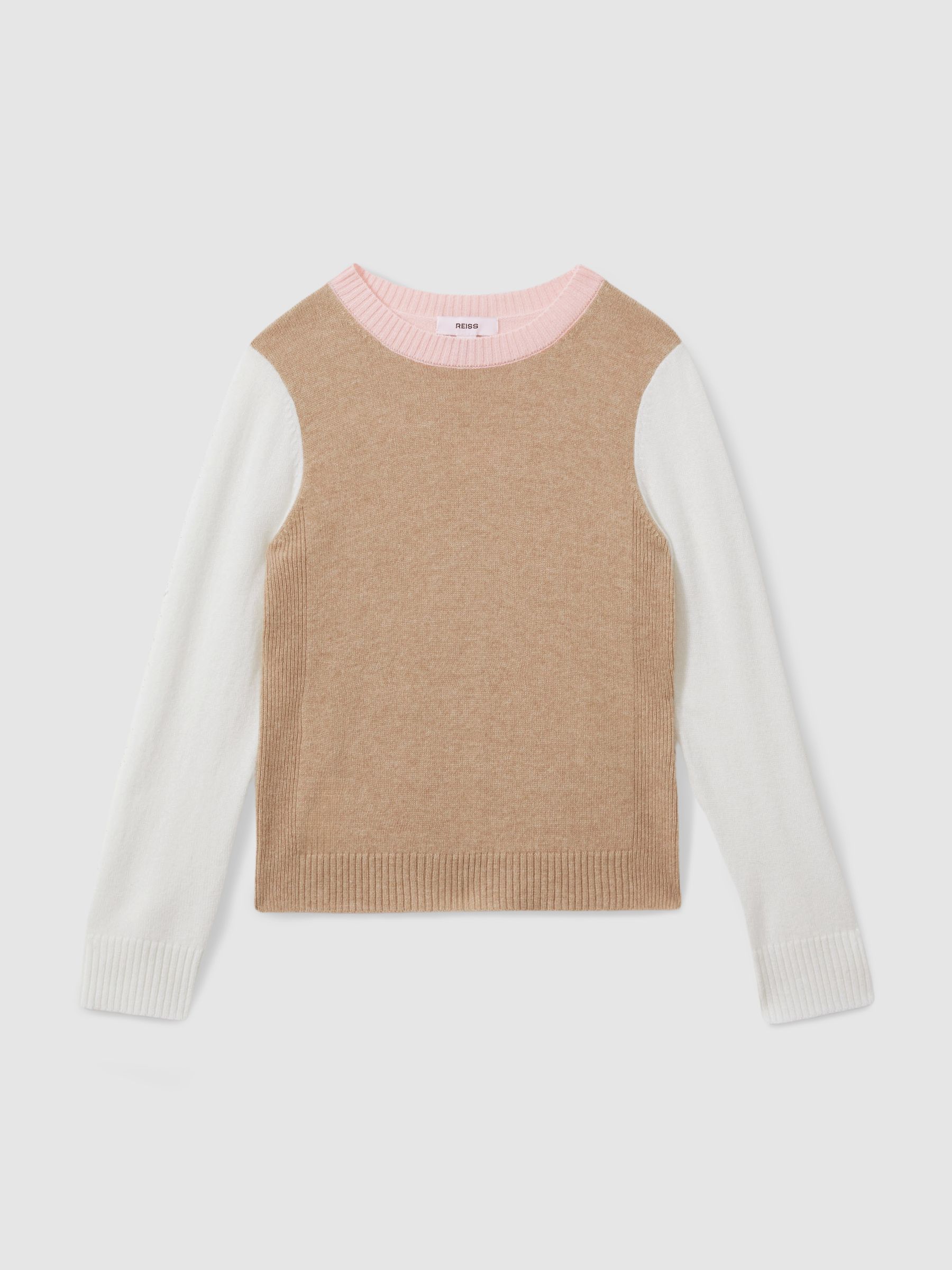 13-14 yrs Wool Blend Striped Crew Neck Jumper in Camel