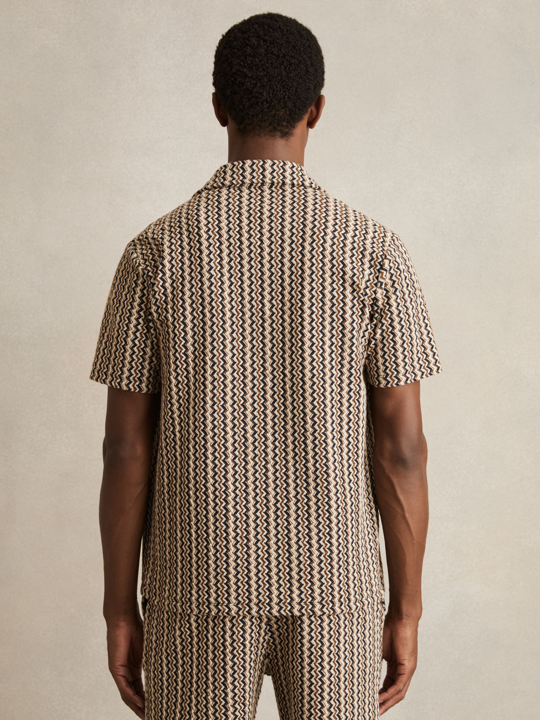 Zig-Zag Knit Cuban-Collar Shirt in Tobacco Brown