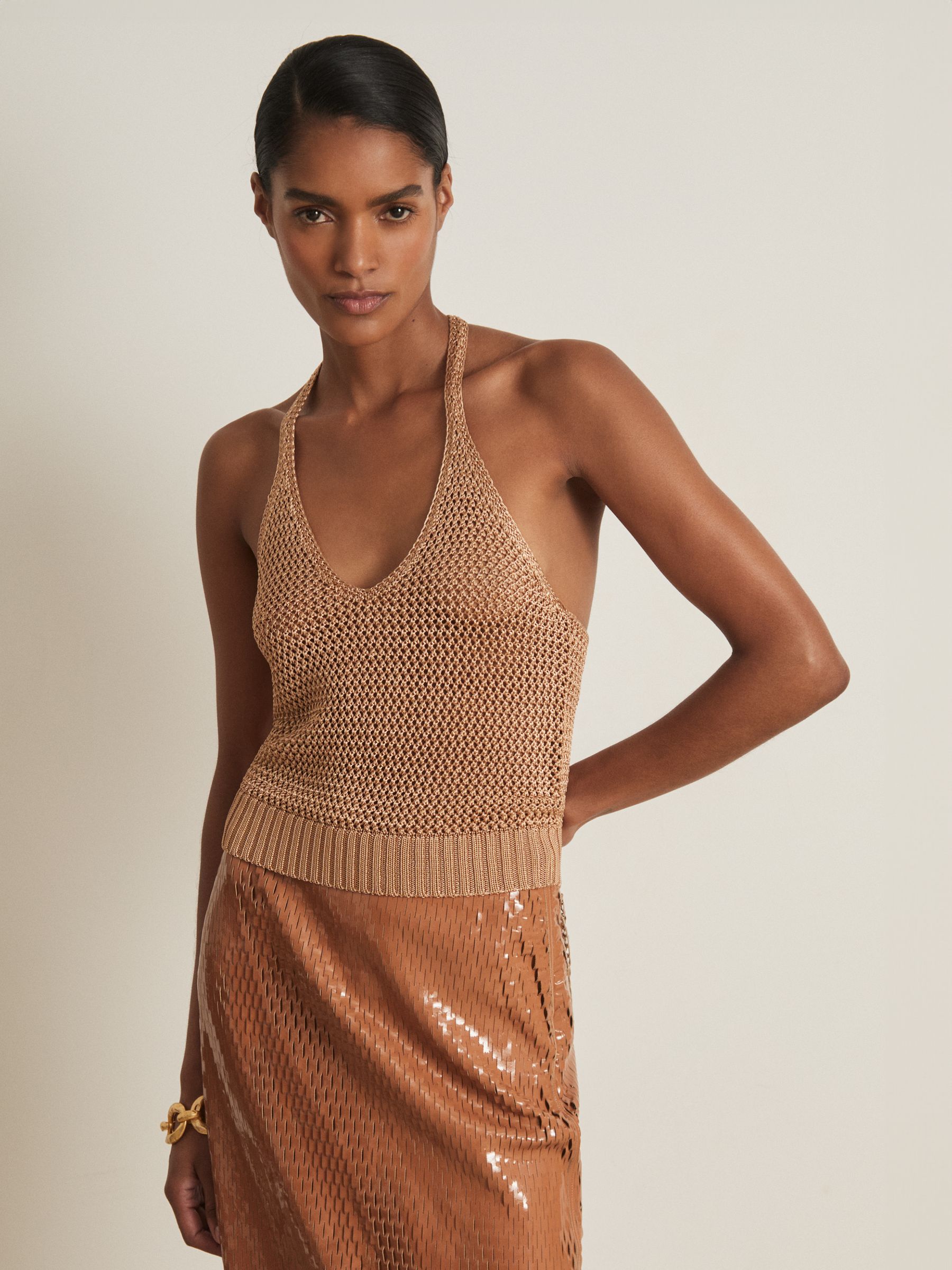 Atelier Open-Knit Halterneck Top in Gold