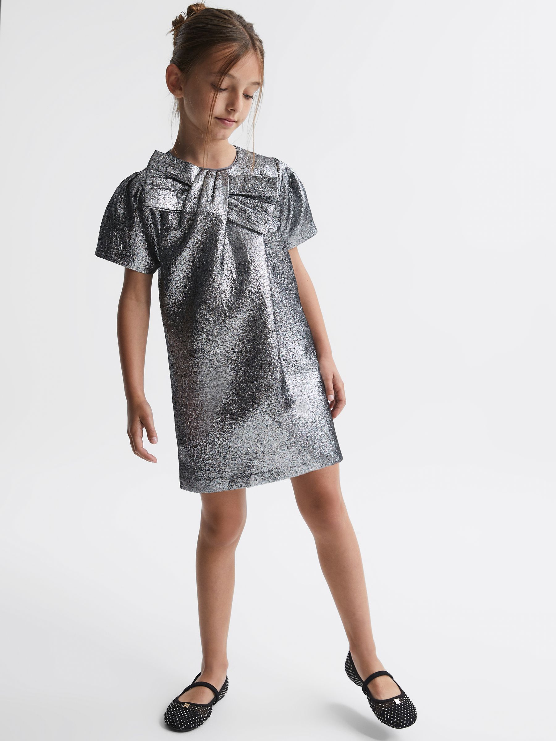 Metallic Bow Dress in Silver