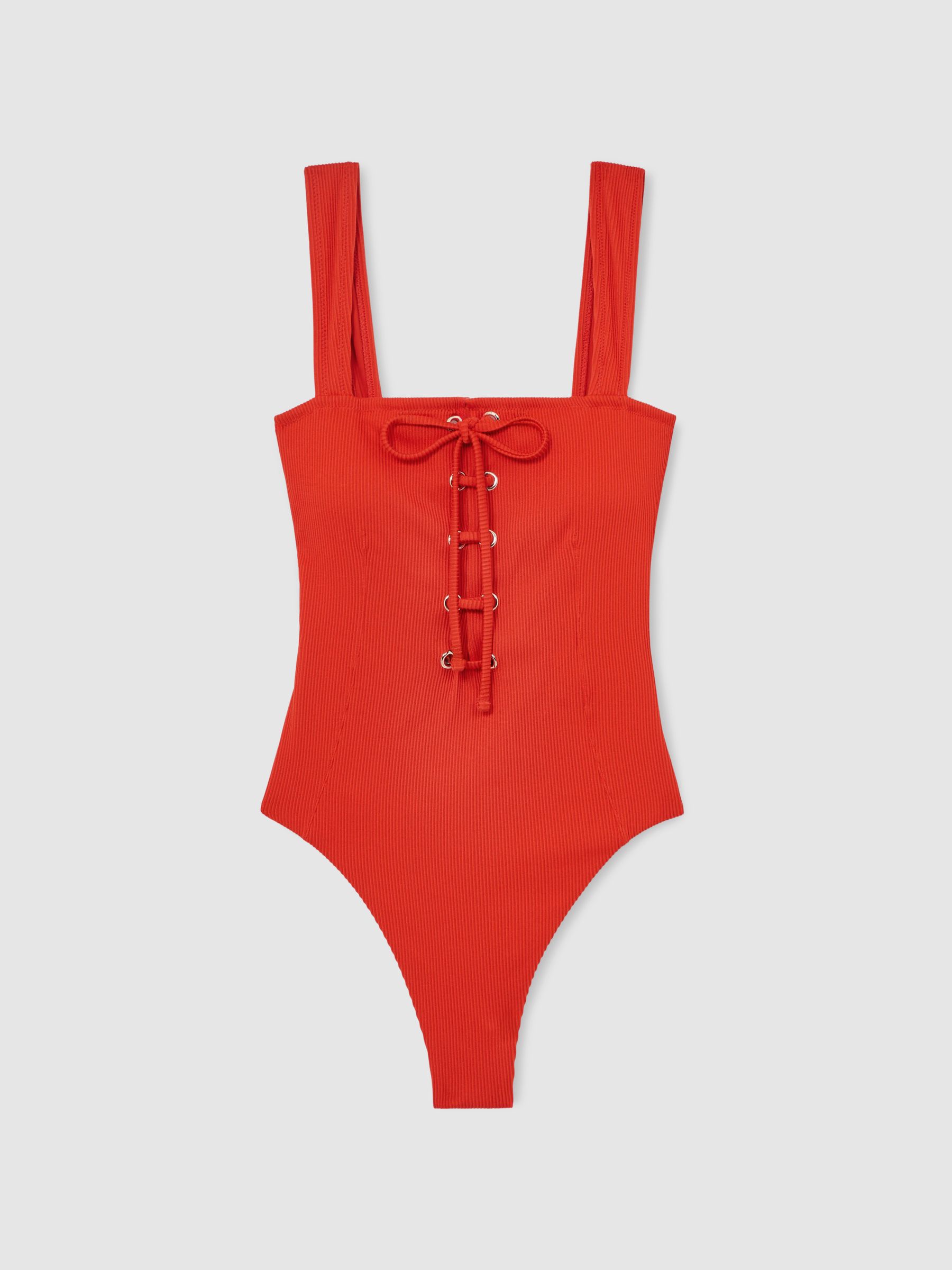 Ribbed Lace-Up Swimsuit in Orange