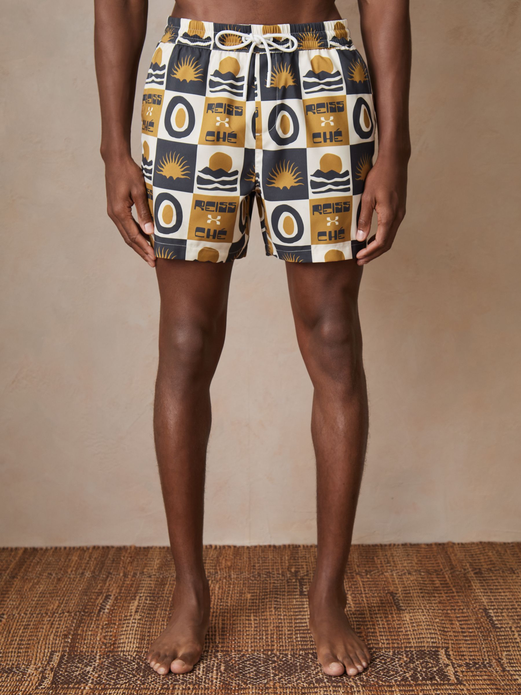 Reiss | Ché Sunset-Print Swim Shorts in Olive Green