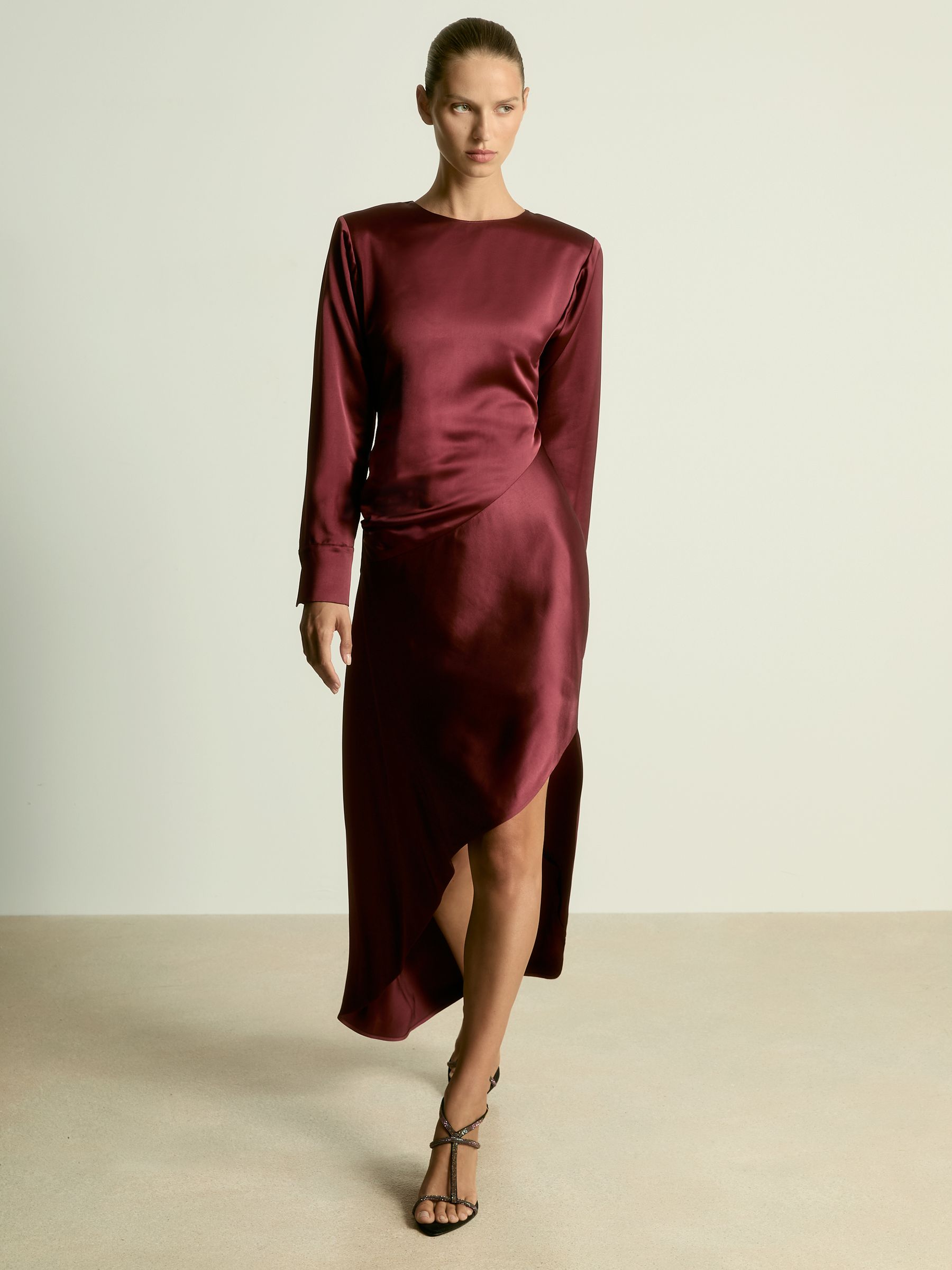 Petite Satin Asymmetric Draped Maxi Dress in Burgundy
