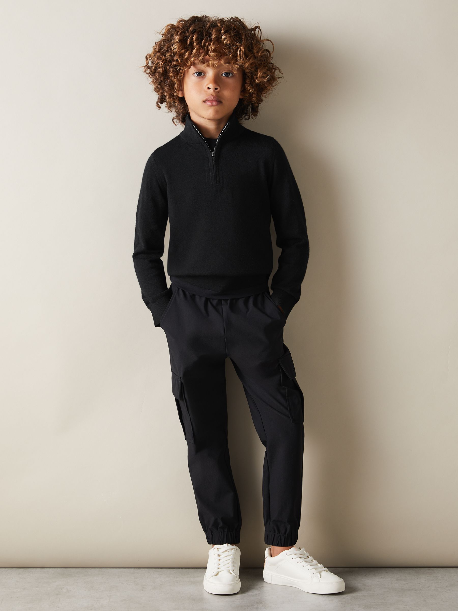 9-13 yrs Merino Wool Half-Zip Funnel Neck Jumper in Black