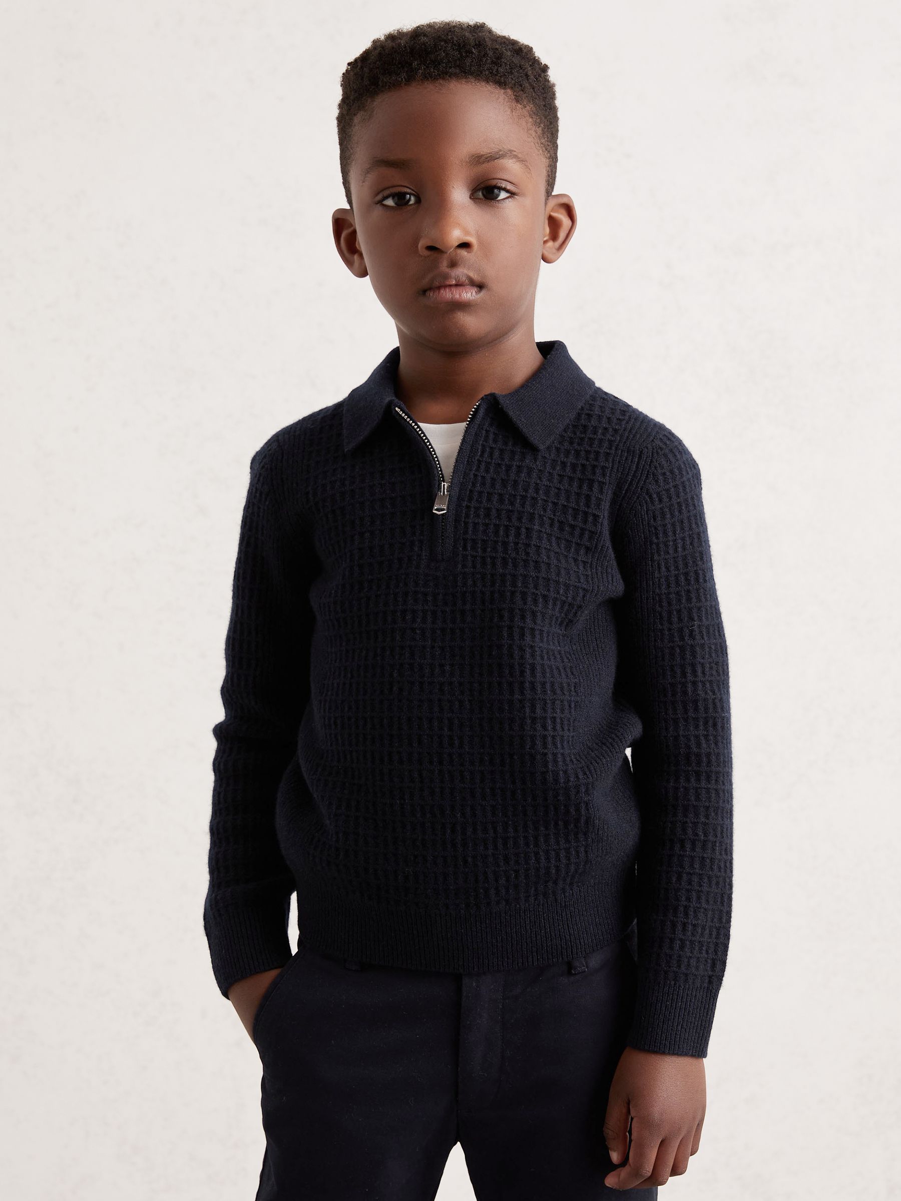 13-14 yrs Wool Waffle-Knit Half-Zip Polo Shirt in Navy Blue