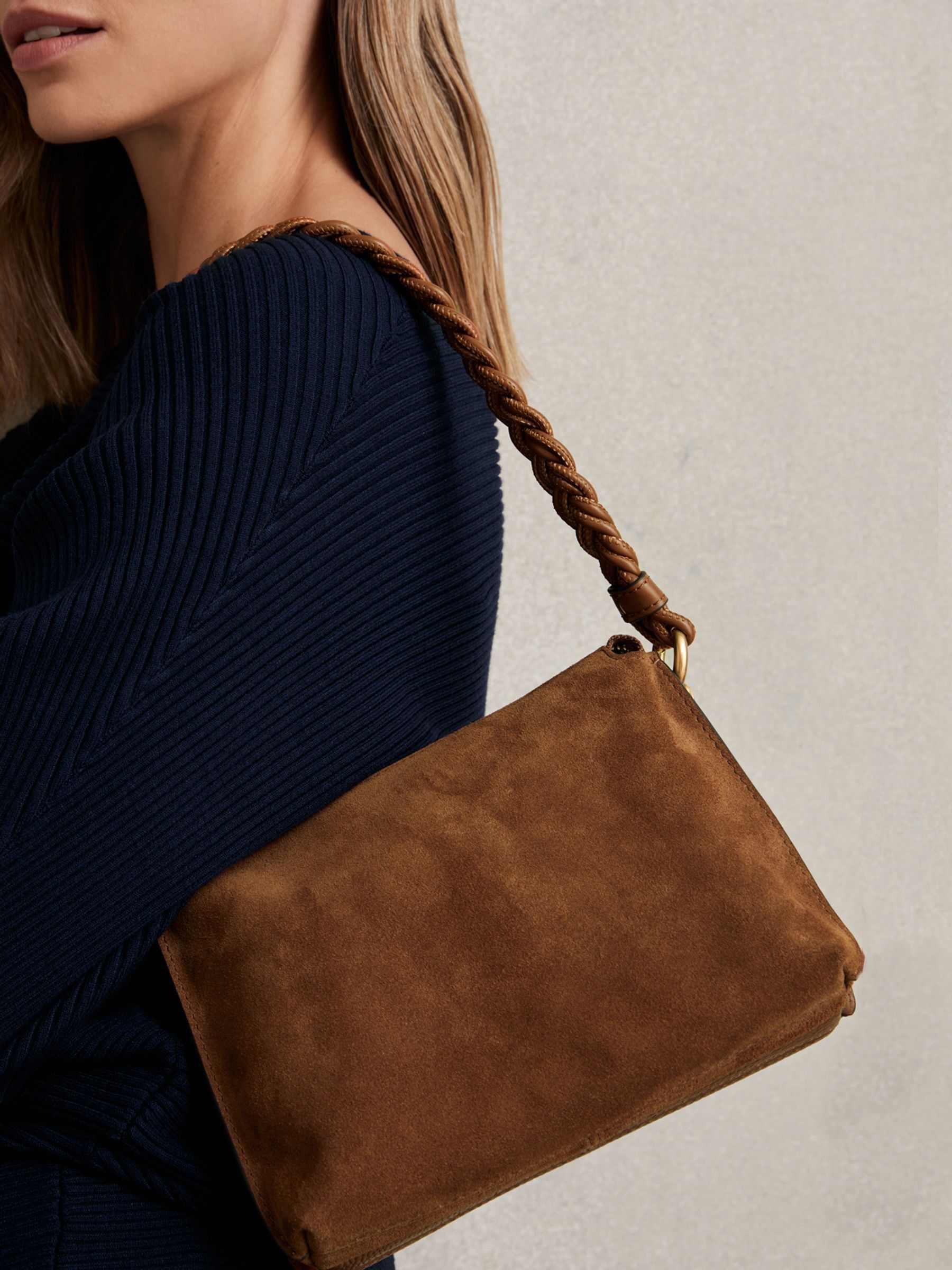 Suede Plaited-Strap Cross-Body Bag in Tan