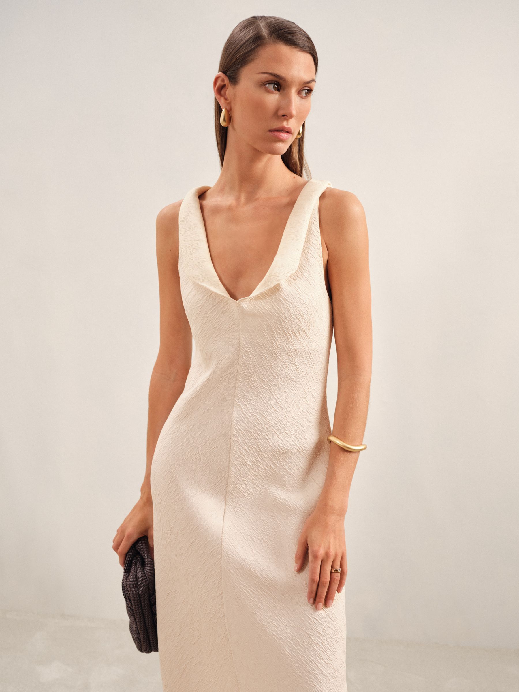 Textured Drape-Neck Midi Dress in Cream