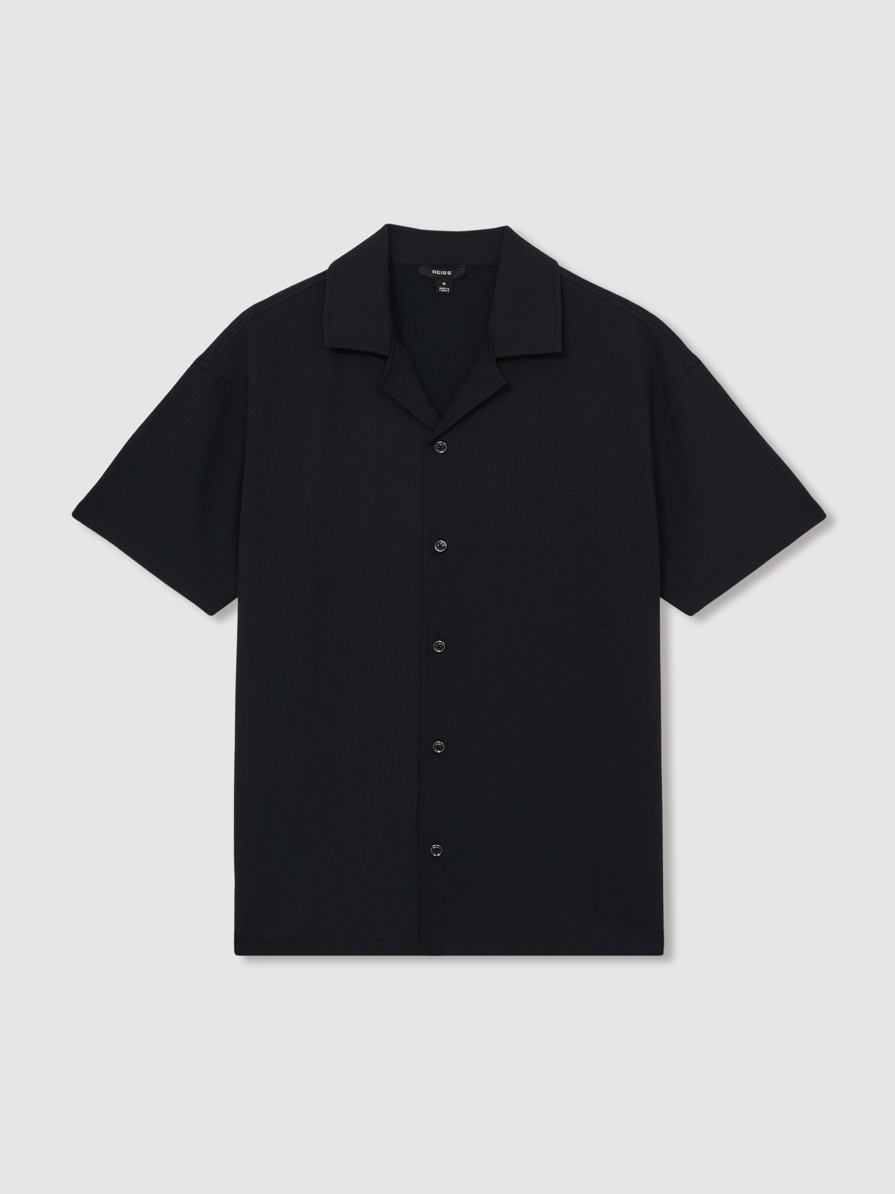 Textured Crepe Cuban Collar Shirt in Navy