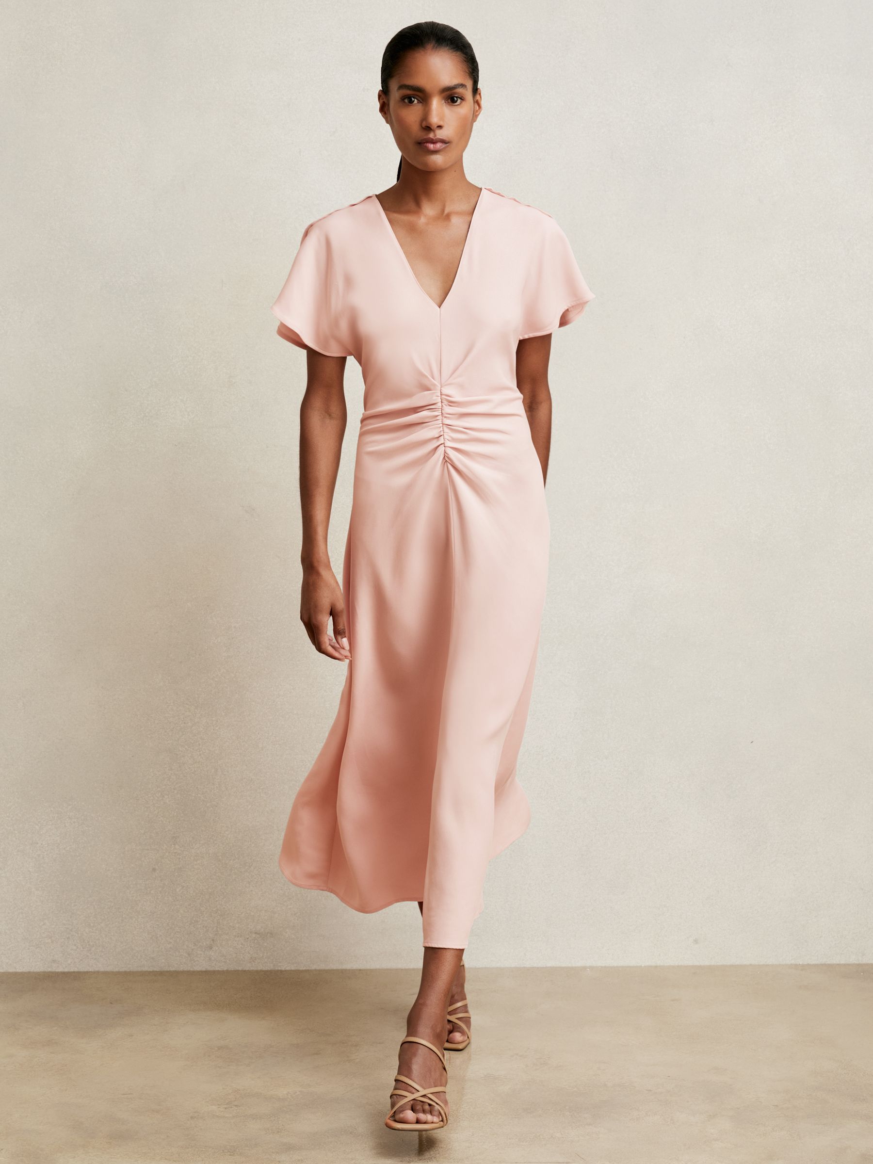 Ruched-Front Midi Dress in Pale Pink