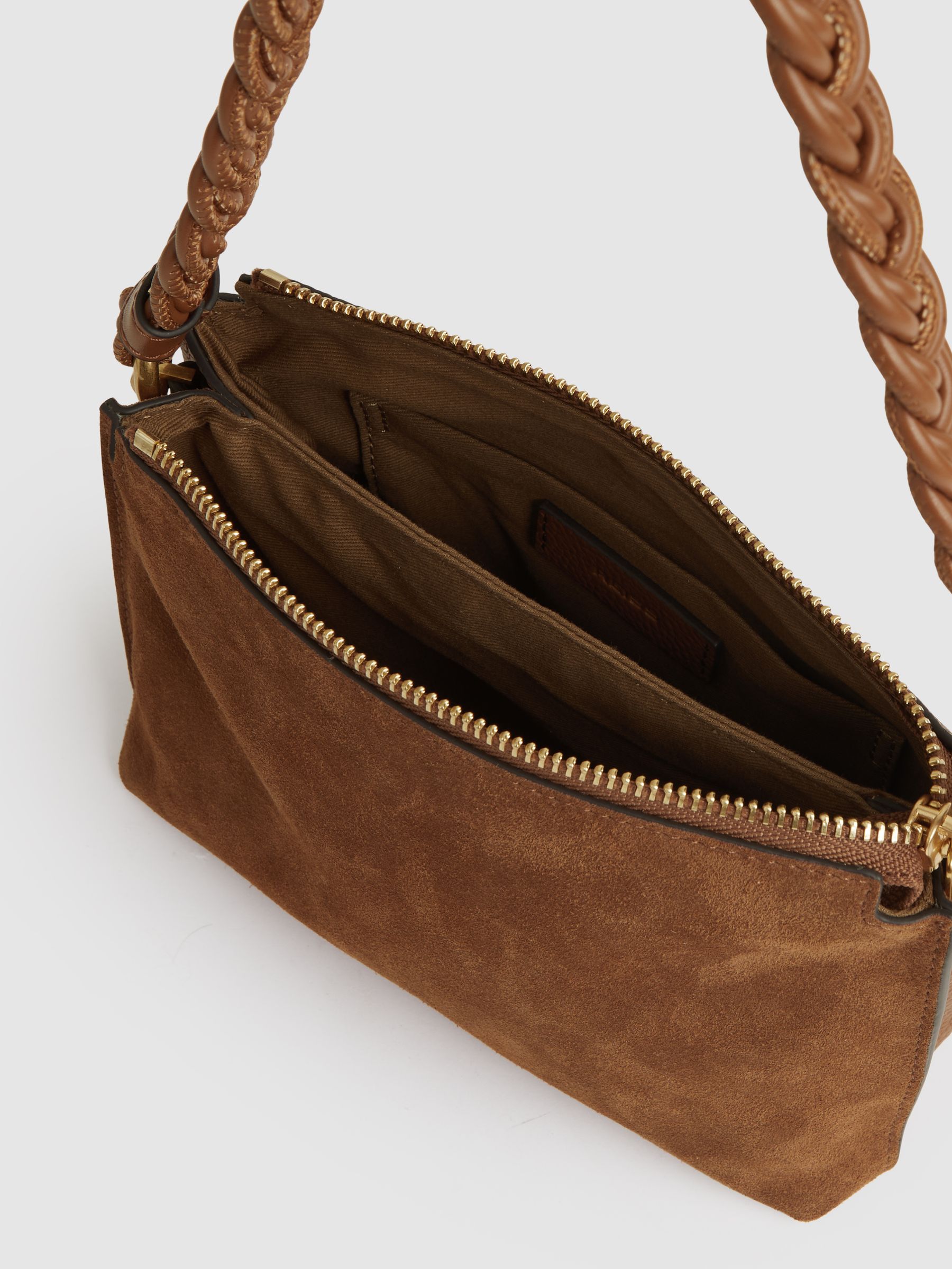 Suede Plaited-Strap Cross-Body Bag in Tan