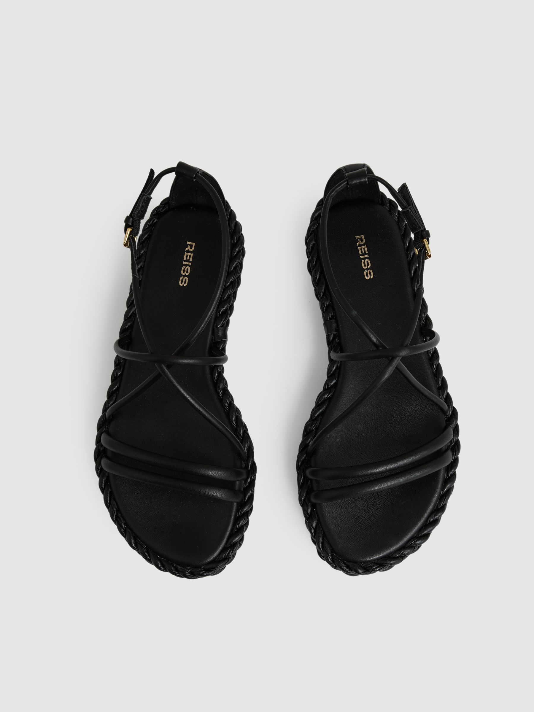 Leather Braided Flat Sandals in Black