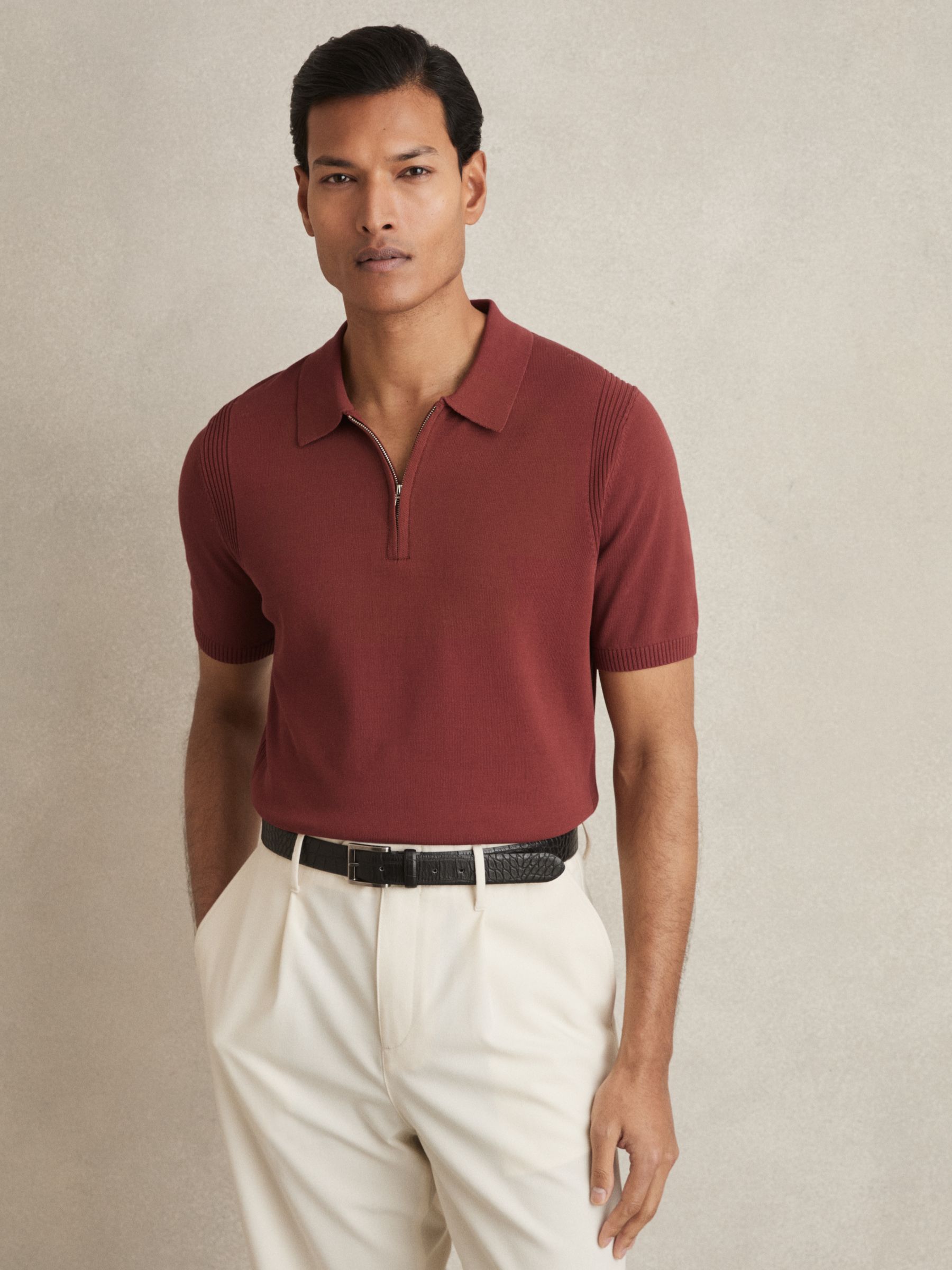 Cotton Half-Zip Knitted Polo Shirt in Rust