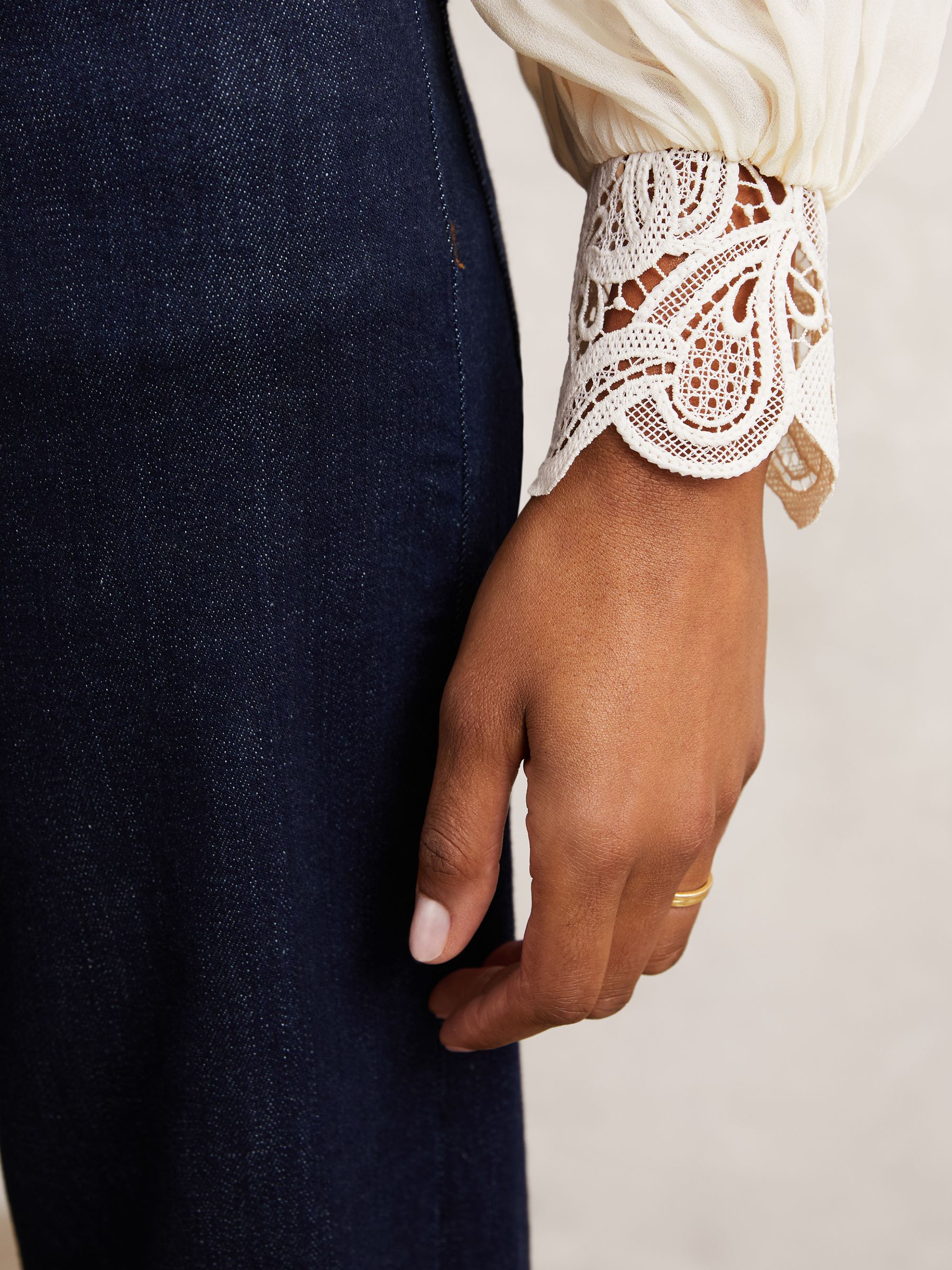 Lace-Trim Draped Chiffon Top in Cream