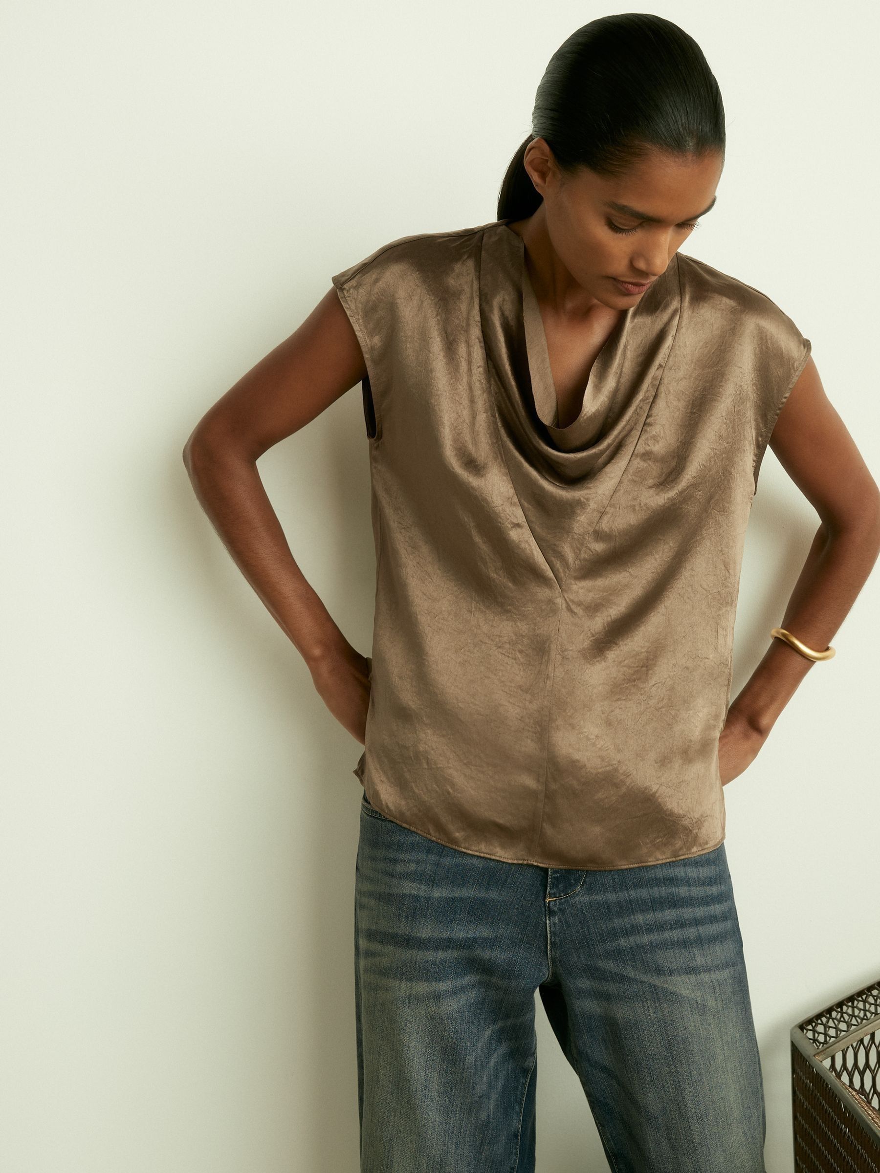Satin Cowl-Neck Top in Khaki