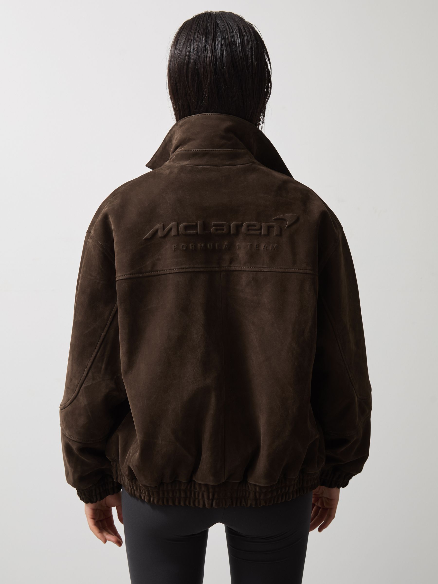 McLaren F1 Team Suede Bomber Jacket in Chocolate Brown