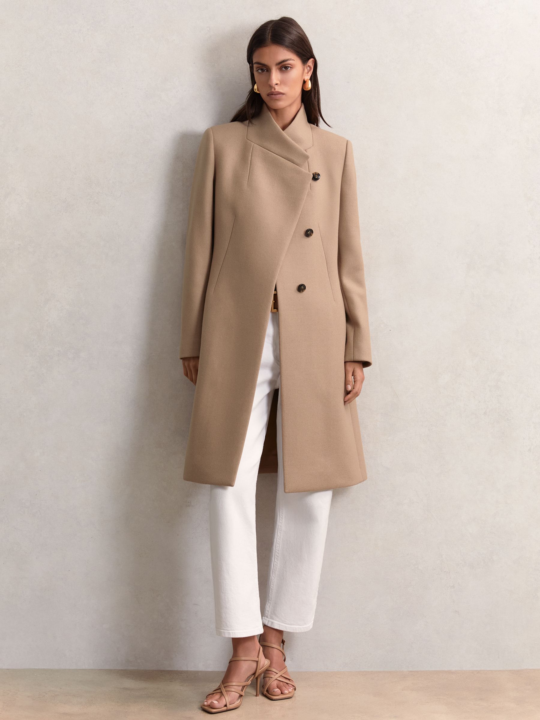 Petite Wool-Blend Wrapover Mid-Length Coat in Camel